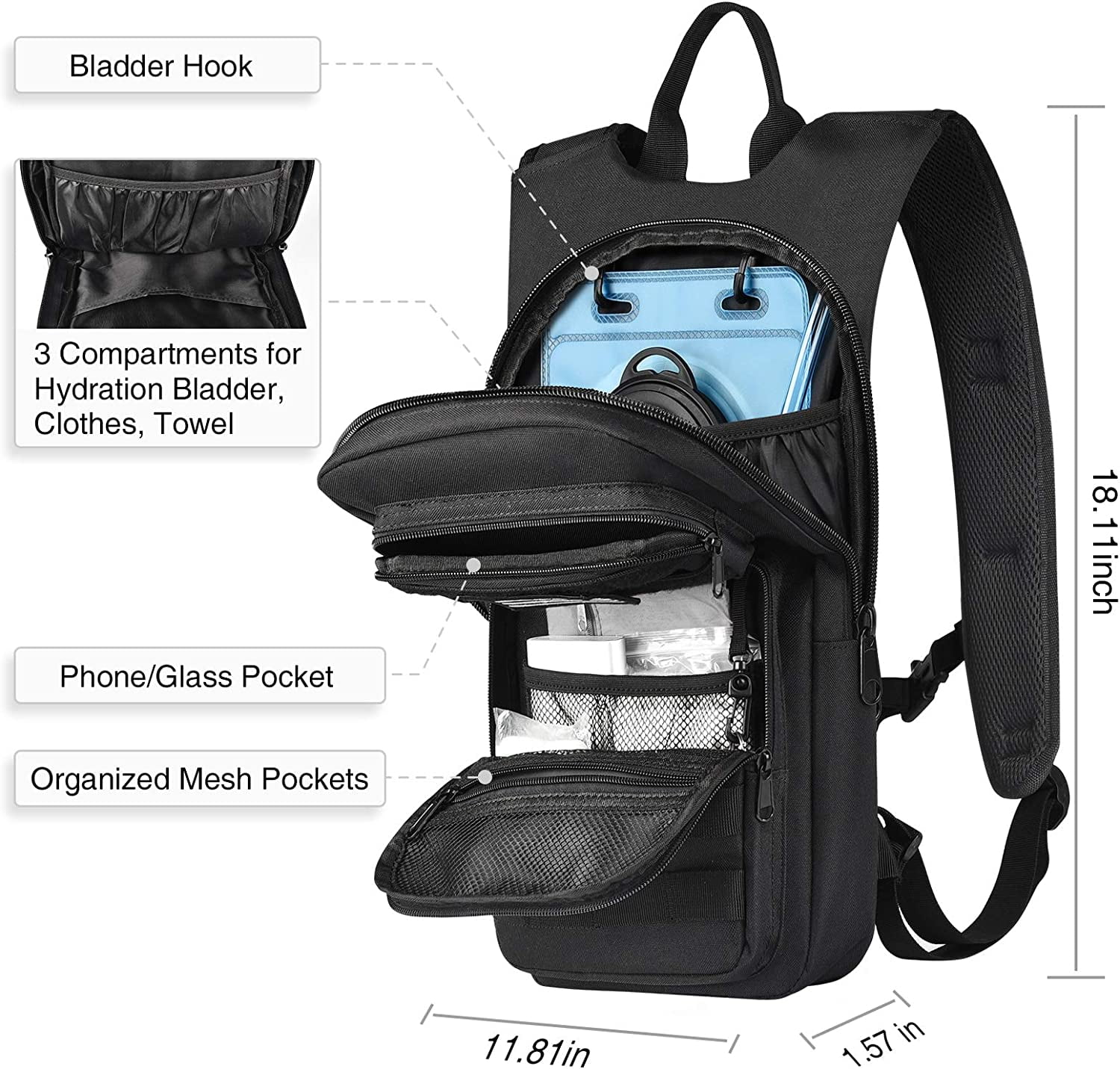 Brightify 17L Hydration Backpack with 3L TPU Water Bladder, Camel Backpack Hydration Pack for Hiking Hunting Climbing Cycling Biking Running, Molle Compatible Water Backpack for Men Women, Black C381K