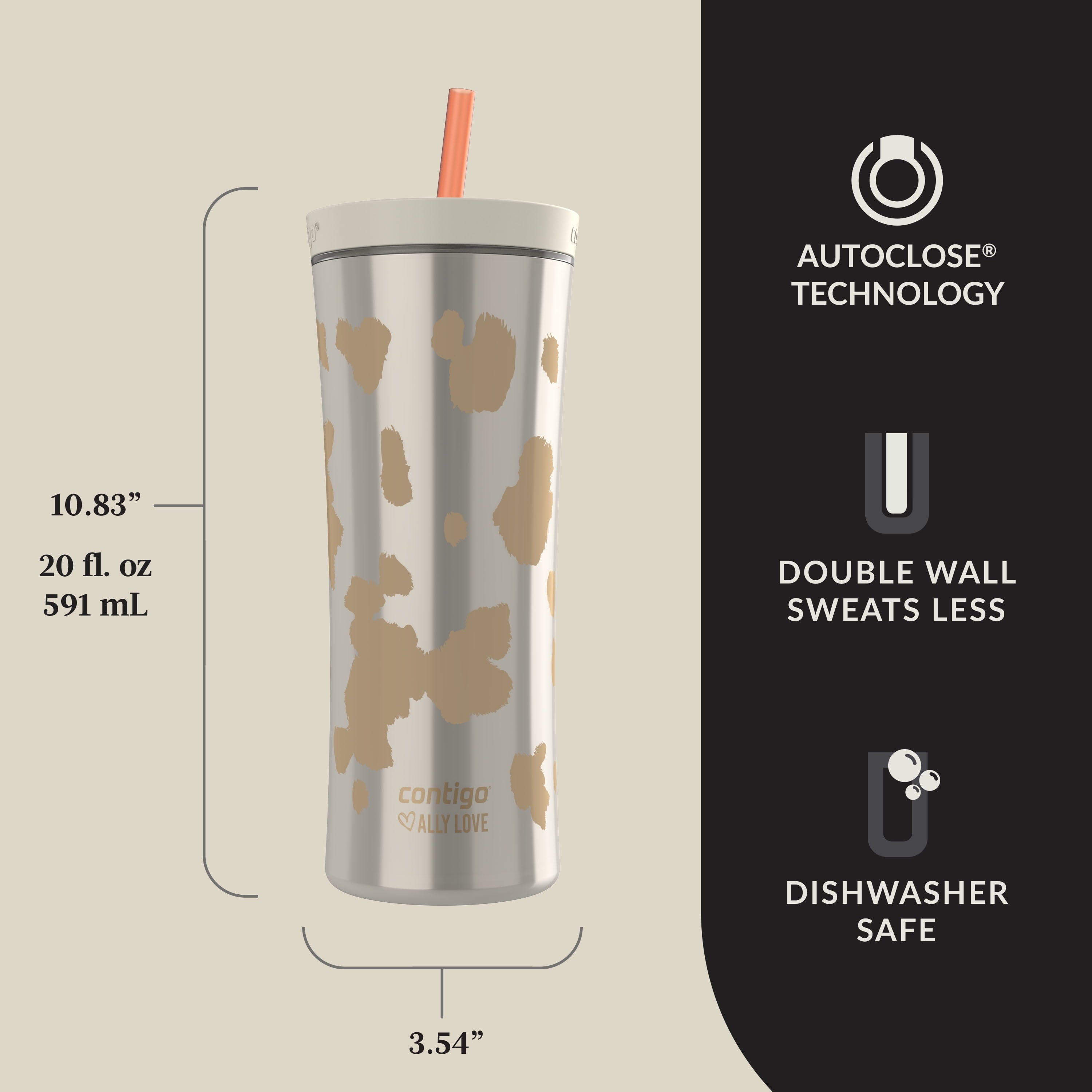 Contigo 20oz Shake &amp; Go Tumbler, Plastic with Straw, Oatmilk Cowhide Couture C120V