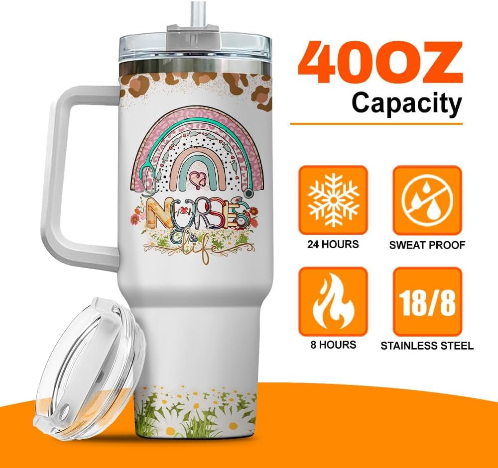 Tumbler 40 Oz With Handle Lid And Straw, Nurse Gifts, Black Camo White Engraved Print Travel Nurses Tumblers Handle Funny Cups Nursing For, Great Nurse Rainbow Daisy Flower C683K
