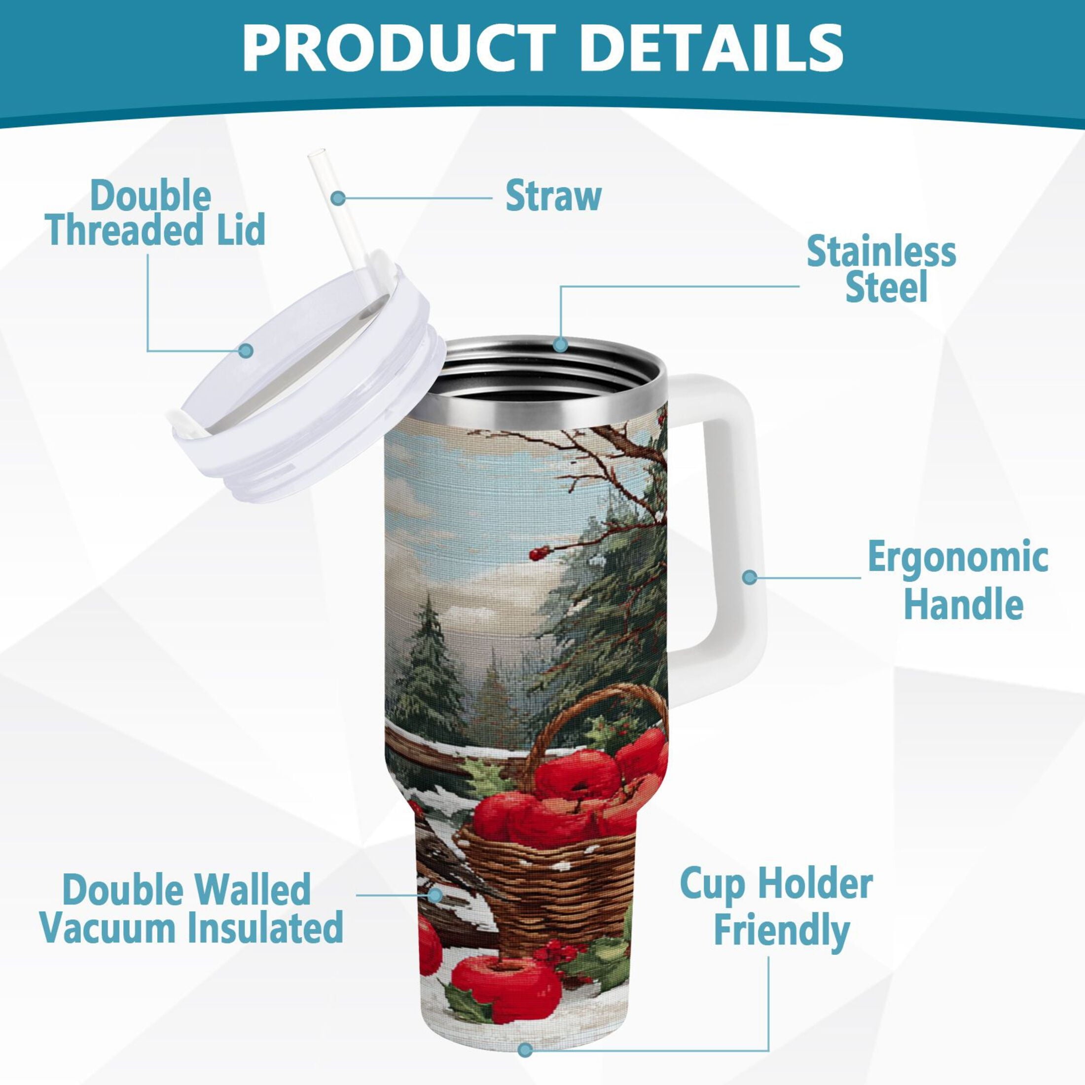 30 oz Insulated Stainless Steel Tumbler Double Wall Stainless Steel Tumbler with 2-Way Drinking Apples and Baskets C529N