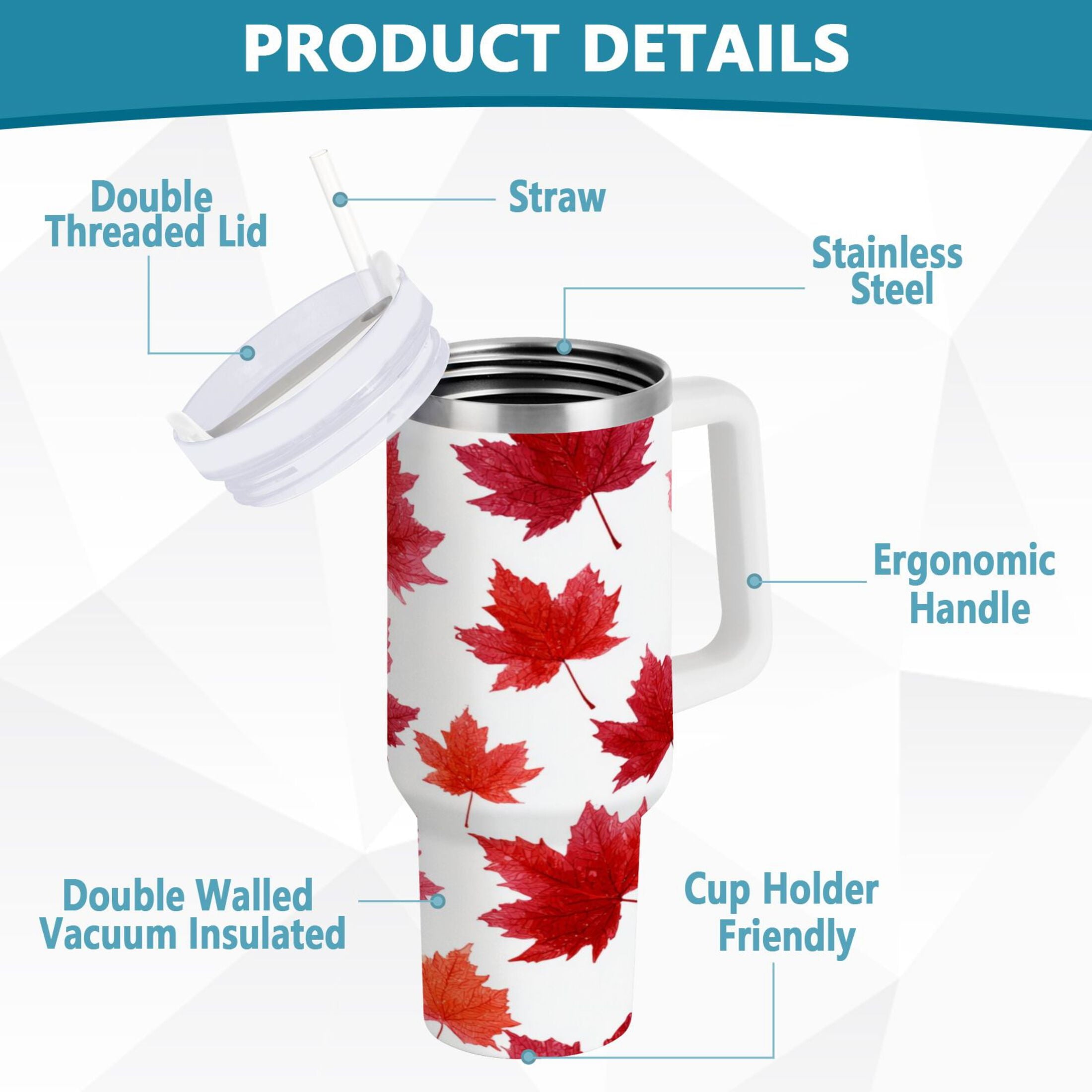 30 oz Insulated Stainless Steel Tumbler Double Wall Stainless Steel Tumbler with 2-Way Drinking Vibrant Red Maple Leaves C454Z