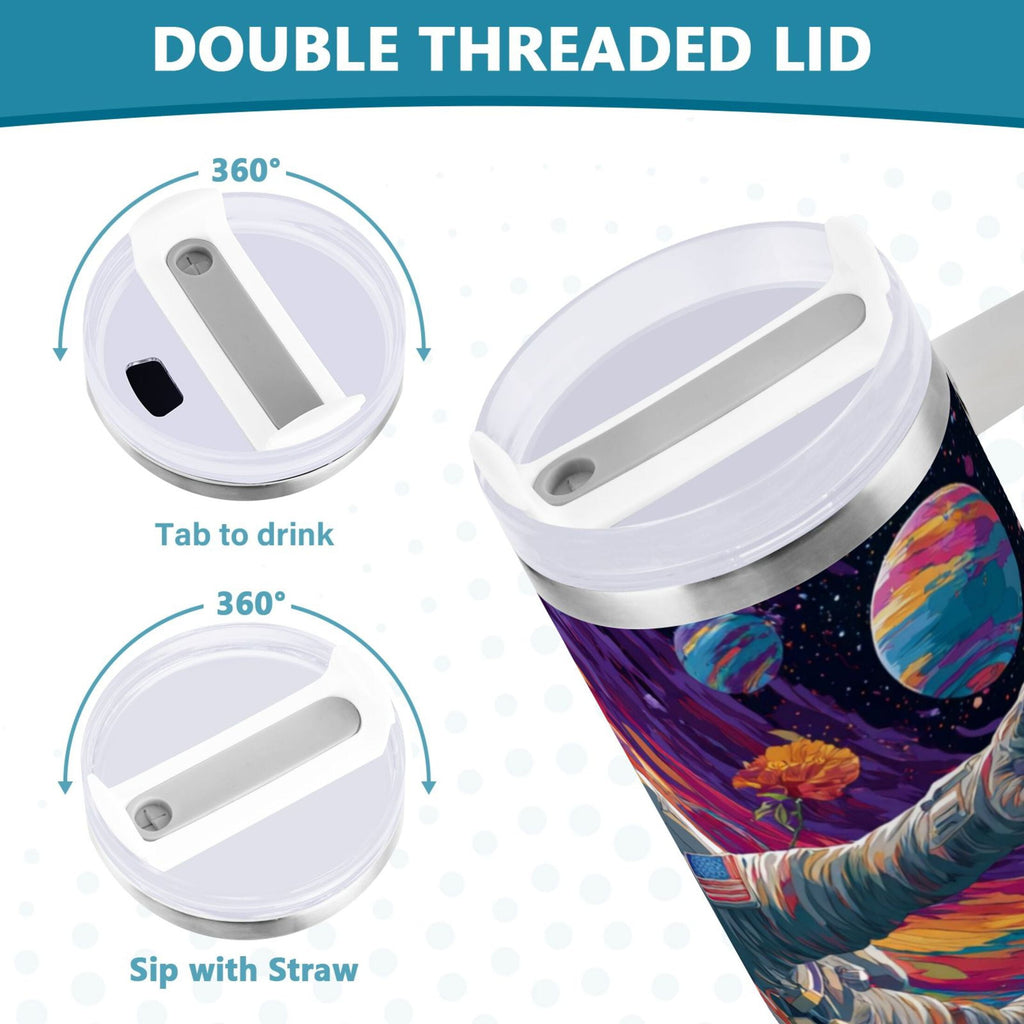 40 oz Insulated Stainless Steel Tumbler Double Wall Stainless Steel Tumbler with 2-Way Drinking Colorful Flowers and Planets C598R