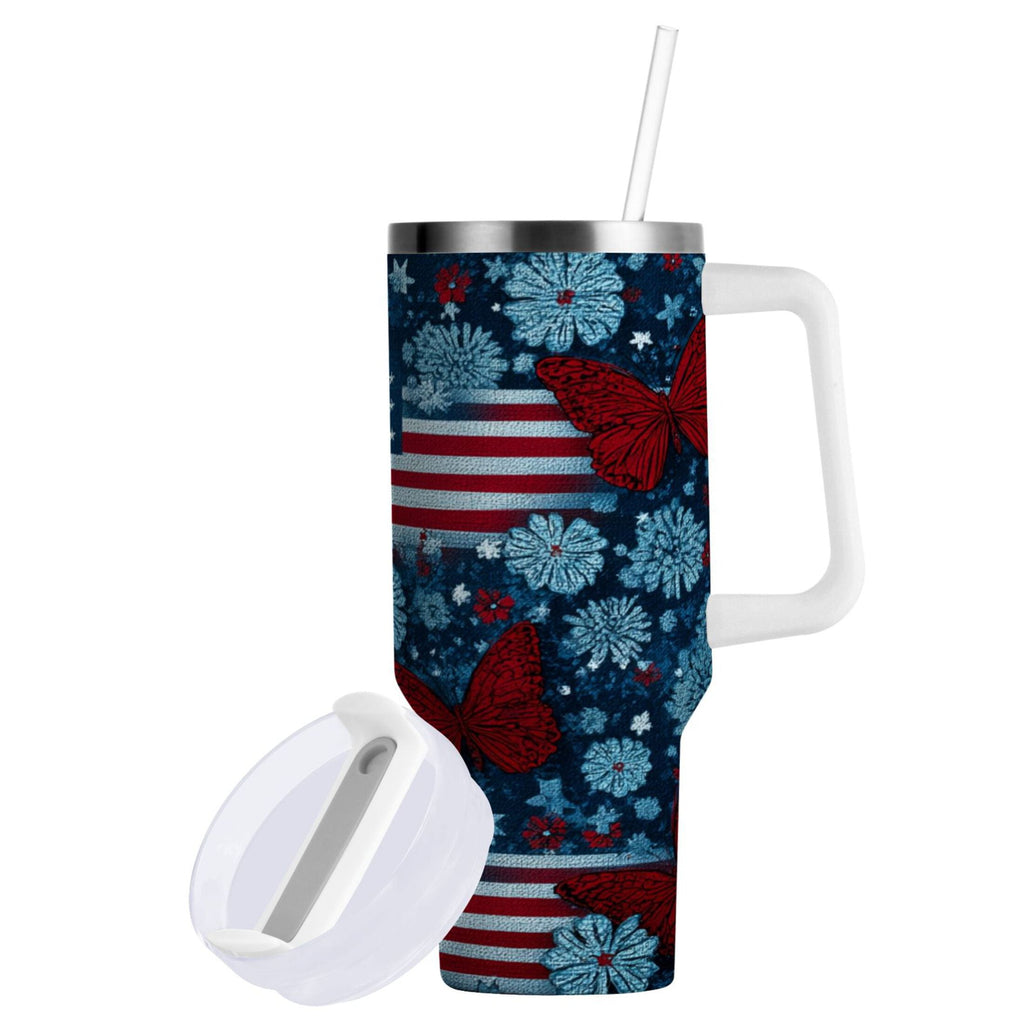30 oz Insulated Stainless Steel Tumbler Double Wall Stainless Steel Tumbler with 2-Way Drinking Red Butterflies and Flags C621U