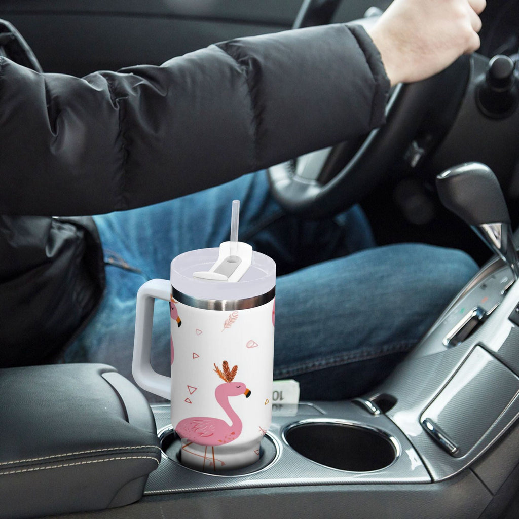 40 oz Insulated Stainless Steel Tumbler Double Wall Stainless Steel Tumbler with 2-Way Drinking Cute Pink Flamingo Pattern C515Q