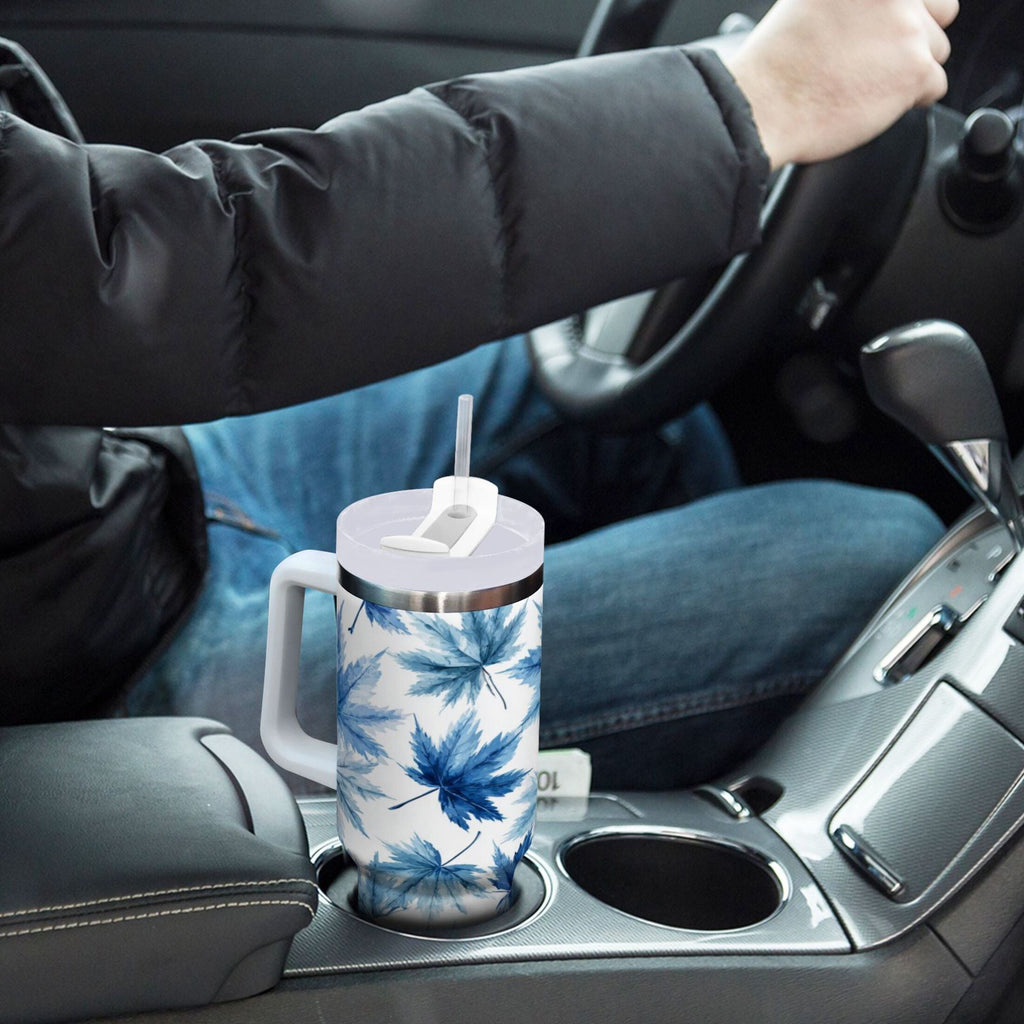30 oz Insulated Stainless Steel Tumbler Double Wall Stainless Steel Tumbler with 2-Way Drinking Abstract Blue Maple Leaves C581M