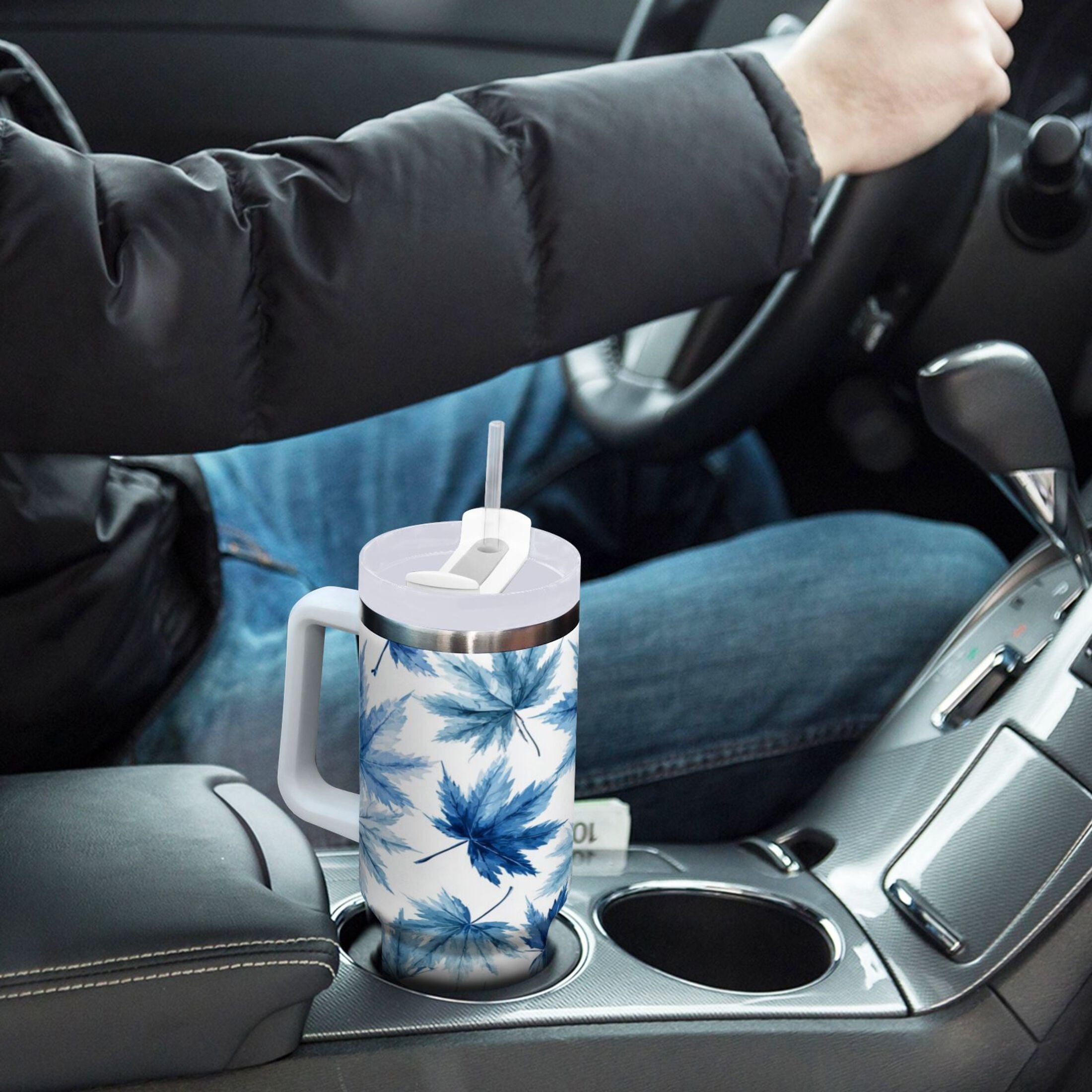 30 oz Insulated Stainless Steel Tumbler Double Wall Stainless Steel Tumbler with 2-Way Drinking Abstract Blue Maple Leaves C581M