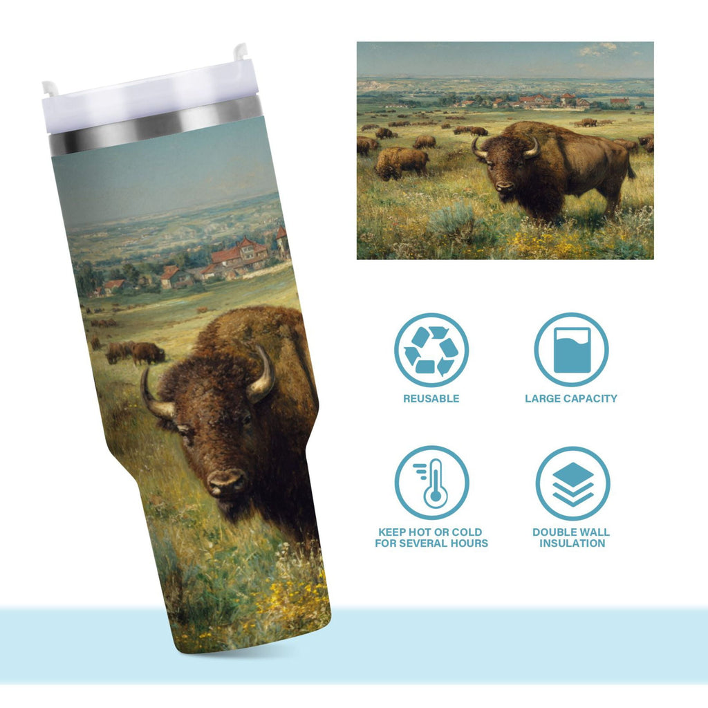 30 oz Insulated Stainless Steel Tumbler Double Wall Stainless Steel Tumbler with 2-Way Drinking Buffalo Herd Oil Painting C660X