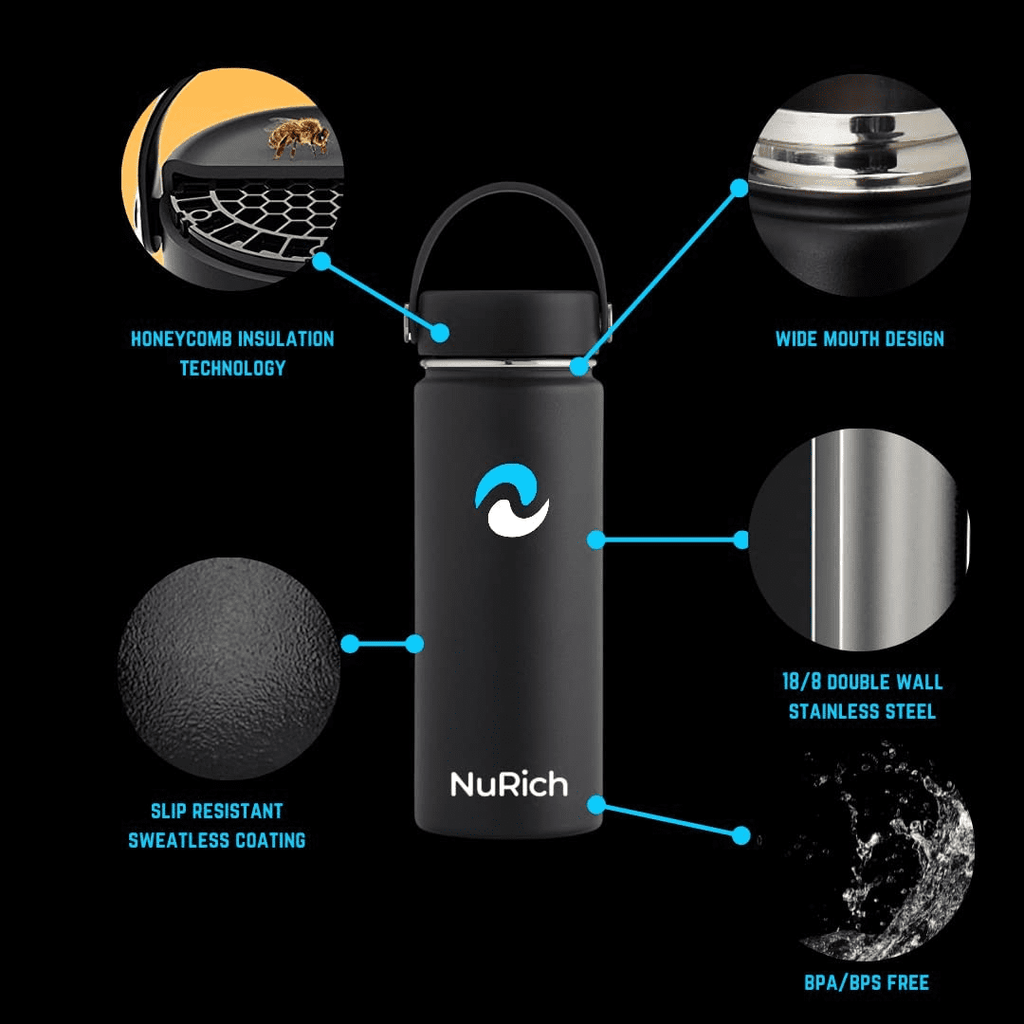 NuRich Sports Water Bottle - 18 Oz, Vacuum Insulated Stainless Steel, Modern Double Walled, Simple Thermo Modern Mug, Hydro Metal Canteen Flask Wide Mouth with Sweat Proof Design for Cold &amp; Hot Temp C684W