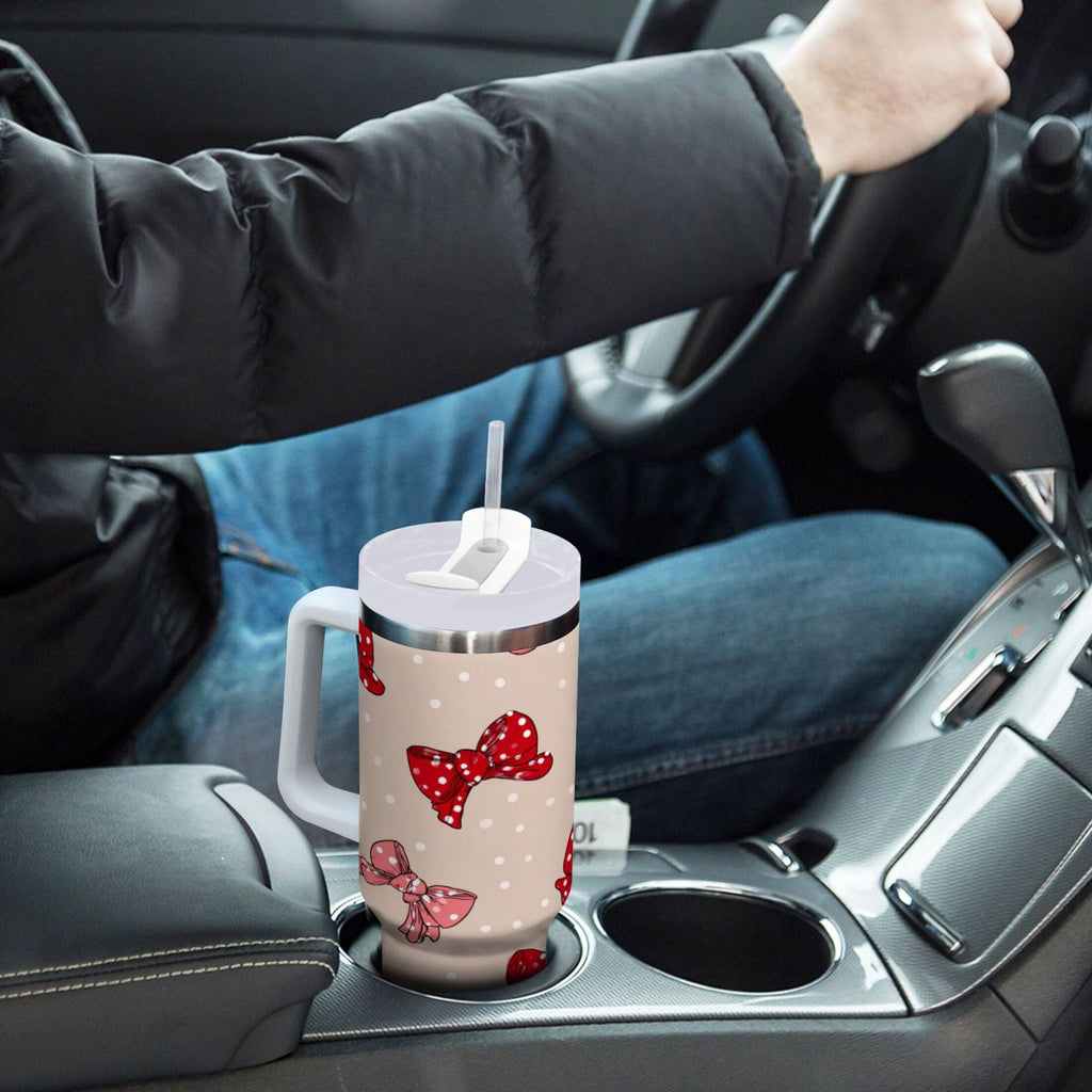 30 oz Insulated Stainless Steel Tumbler Double Wall Stainless Steel Tumbler with 2-Way Drinking Cute Red Bows Pattern C541W