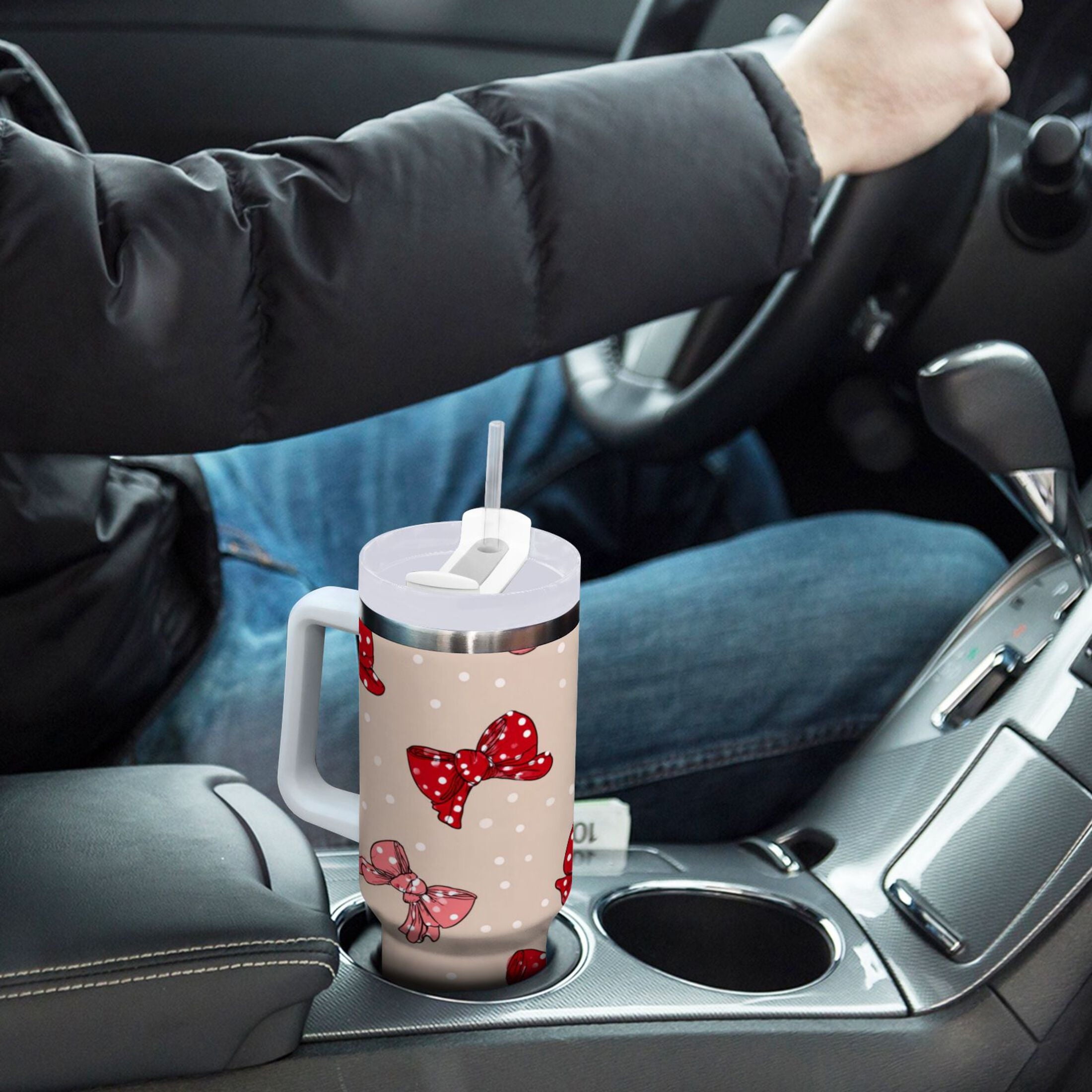 30 oz Insulated Stainless Steel Tumbler Double Wall Stainless Steel Tumbler with 2-Way Drinking Cute Red Bows Pattern C541W