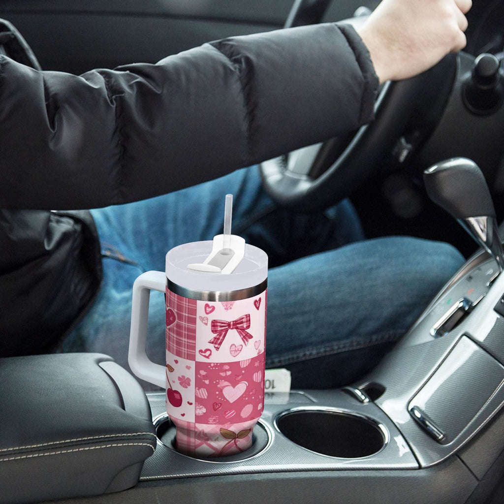 30 oz Insulated Stainless Steel Tumbler Double Wall Stainless Steel Tumbler with 2-Way Drinking Cherry Pattern with Bows C634D
