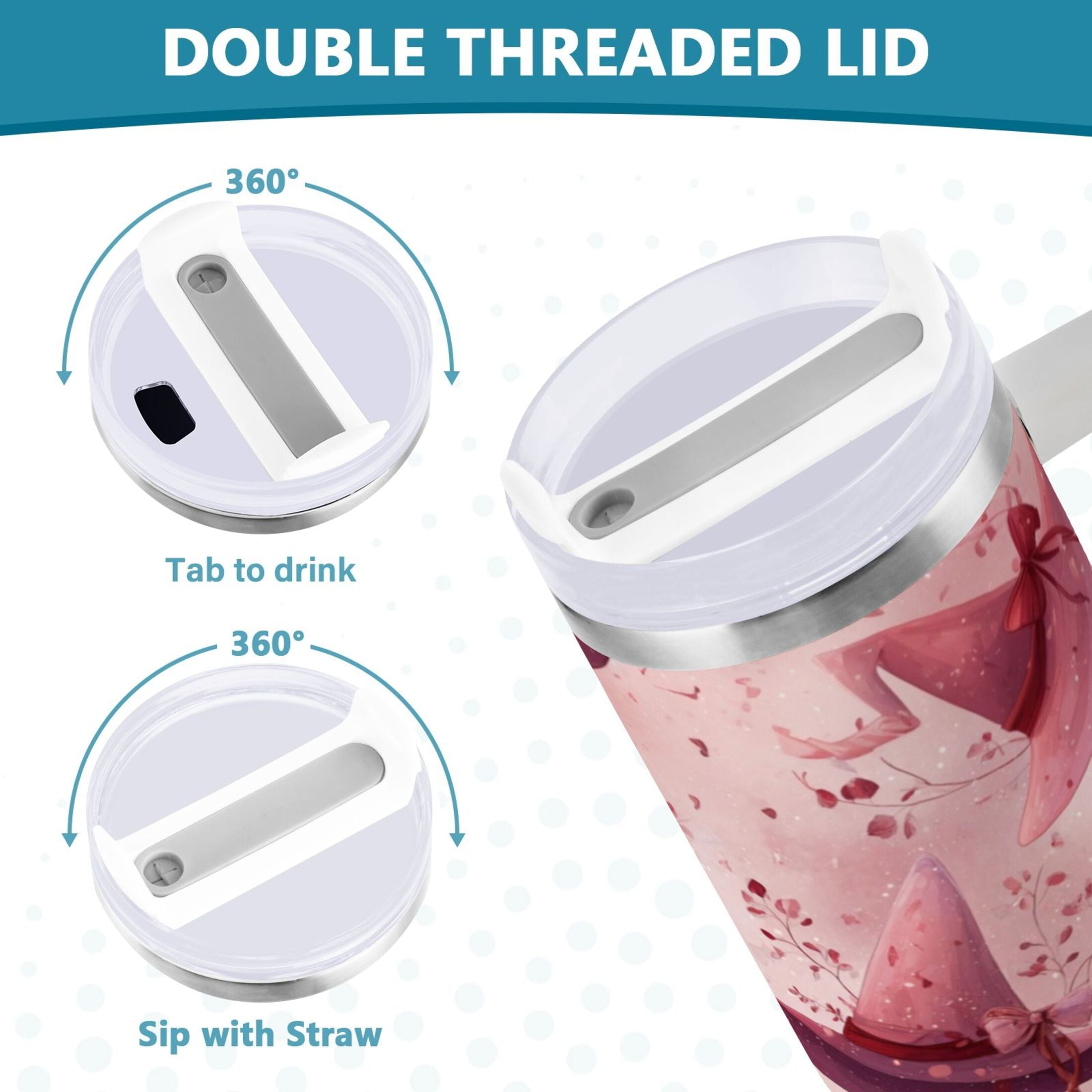 30 oz Insulated Stainless Steel Tumbler Double Wall Stainless Steel Tumbler with 2-Way Drinking Hats with Delicate Bows C679Q
