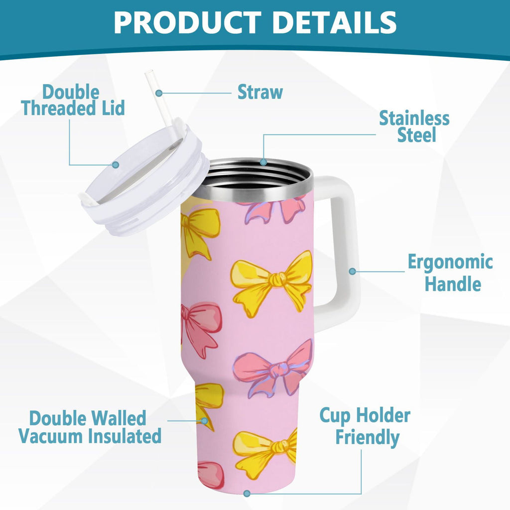 30 oz Insulated Stainless Steel Tumbler Double Wall Stainless Steel Tumbler with 2-Way Drinking Yellow and Pink Bows C566W