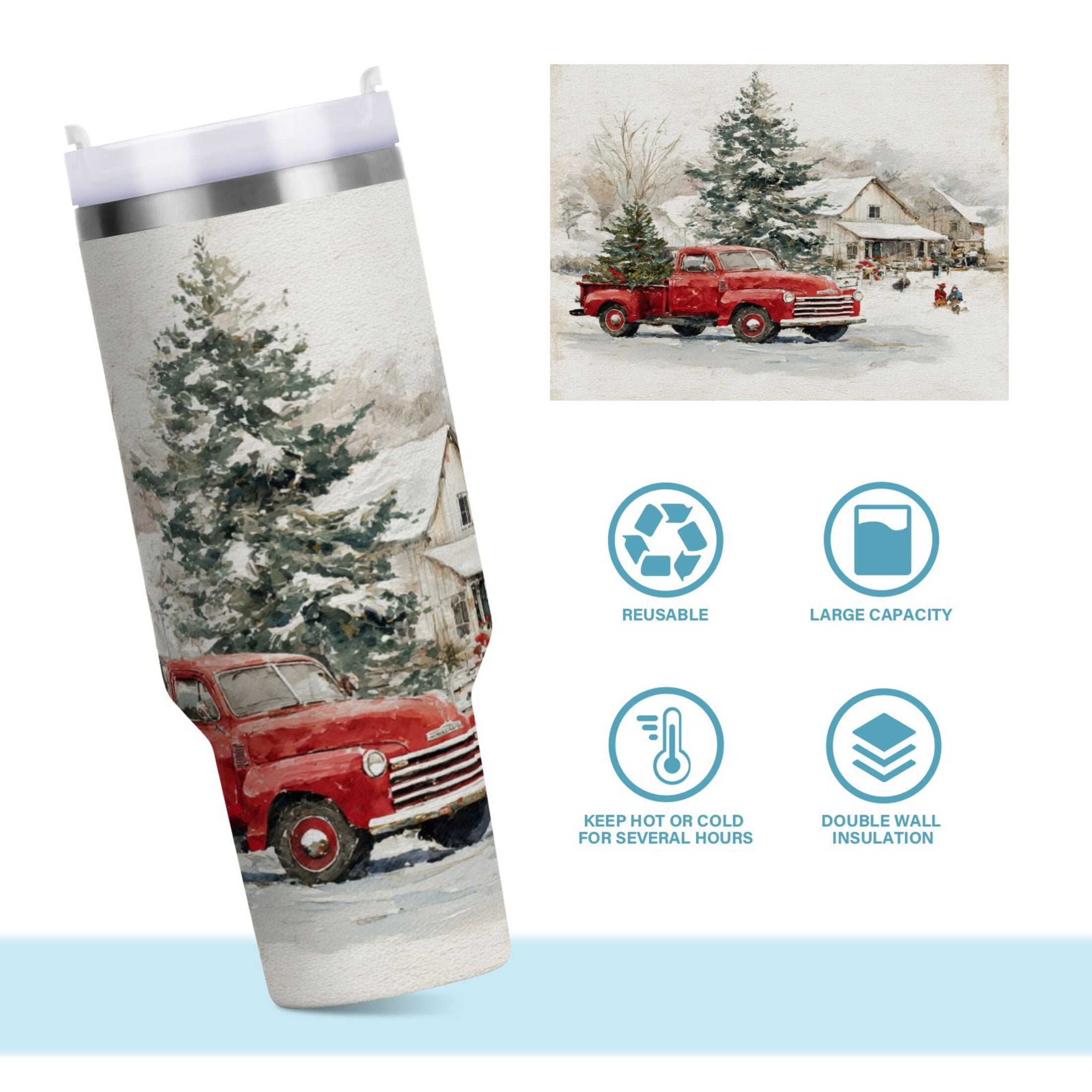 30 oz Insulated Stainless Steel Tumbler Double Wall Stainless Steel Tumbler with 2-Way Drinking Truck with Christmas Decorations C657G