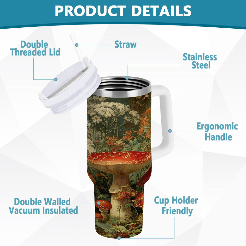 40 oz Insulated Stainless Steel Tumbler Double Wall Stainless Steel Tumbler with 2-Way Drinking Red Mushrooms C505L