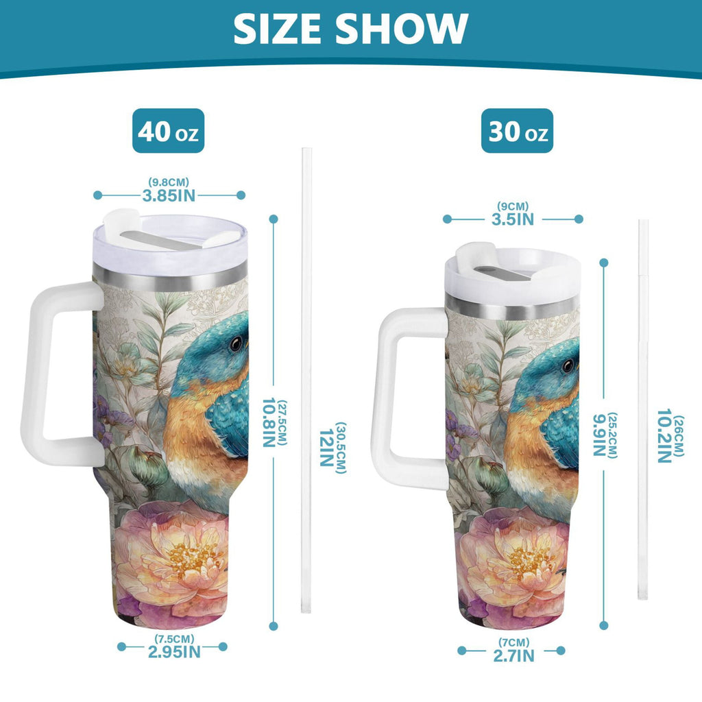 30 oz Insulated Stainless Steel Tumbler Double Wall Stainless Steel Tumbler with 2-Way Drinking Bluebird and Flower C538C