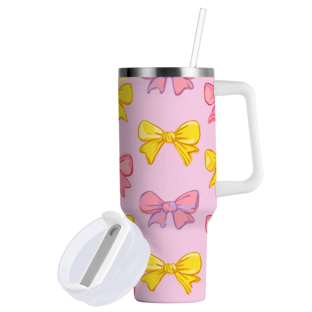 30 oz Insulated Stainless Steel Tumbler Double Wall Stainless Steel Tumbler with 2-Way Drinking Yellow and Pink Bows C566W