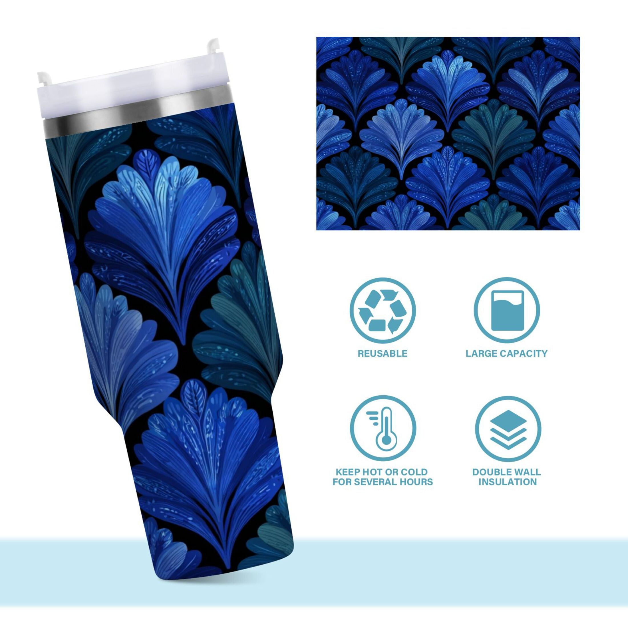 30 oz Insulated Stainless Steel Tumbler Double Wall Stainless Steel Tumbler with 2-Way Drinking Blue Batik Leaves Pattern C525W