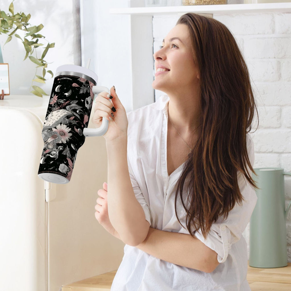 40 oz Insulated Stainless Steel Tumbler Double Wall Stainless Steel Tumbler with 2-Way Drinking Butterfly Surrounded by Flowers C640W