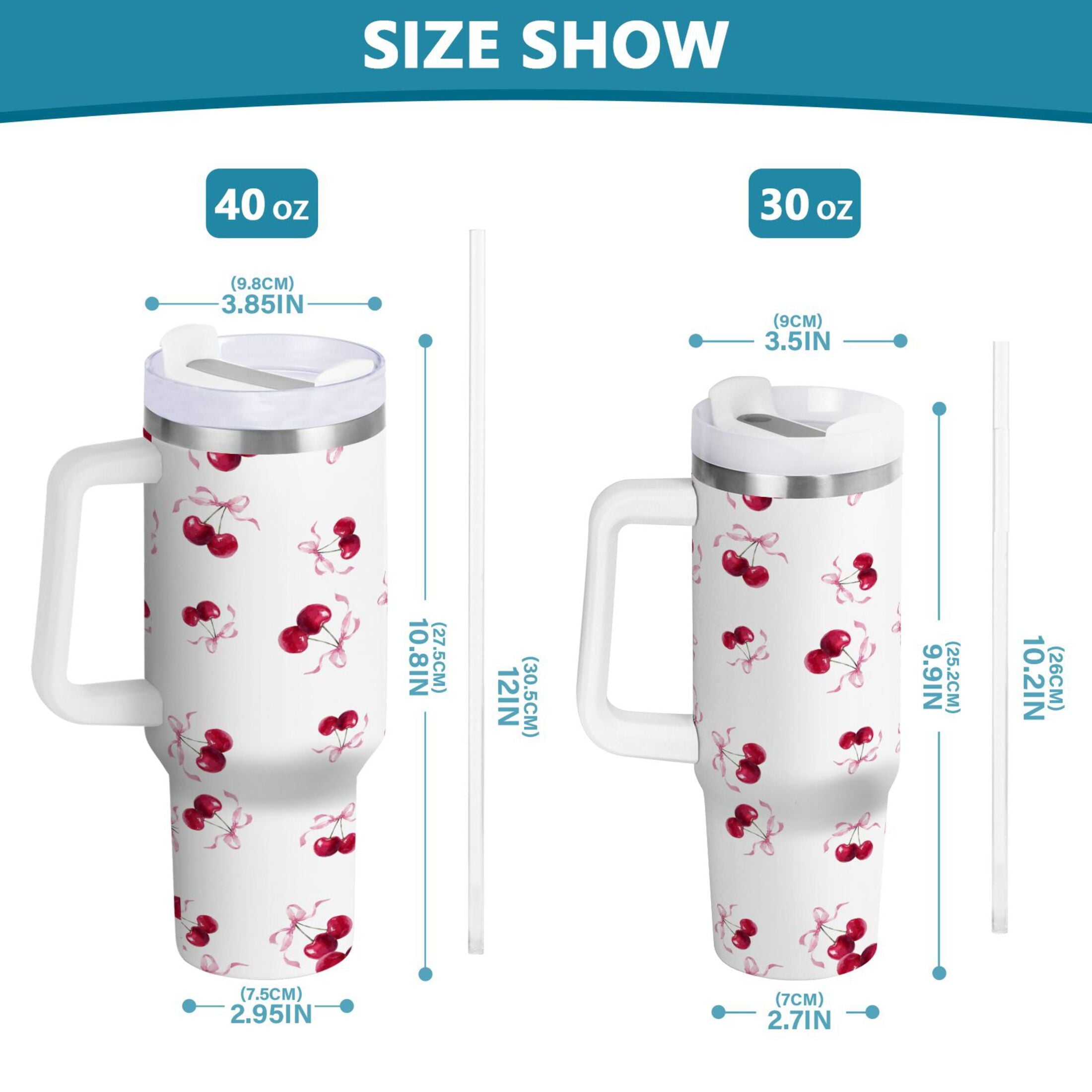 30 oz Insulated Stainless Steel Tumbler Double Wall Stainless Steel Tumbler with 2-Way Drinking Watercolor Cherries Pattern C604E