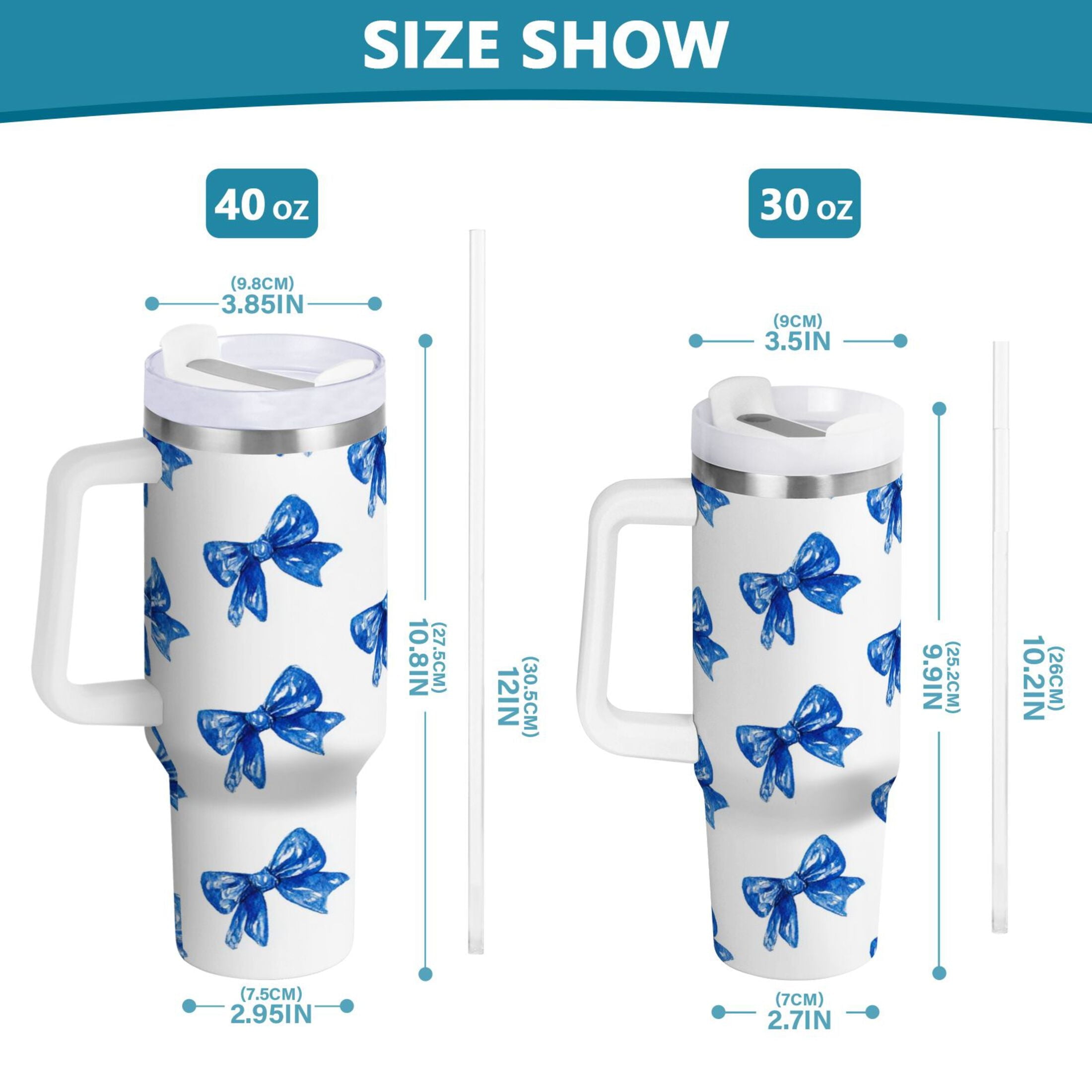 30 oz Insulated Stainless Steel Tumbler Double Wall Stainless Steel Tumbler with 2-Way Drinking Blue Bows Pattern C620X