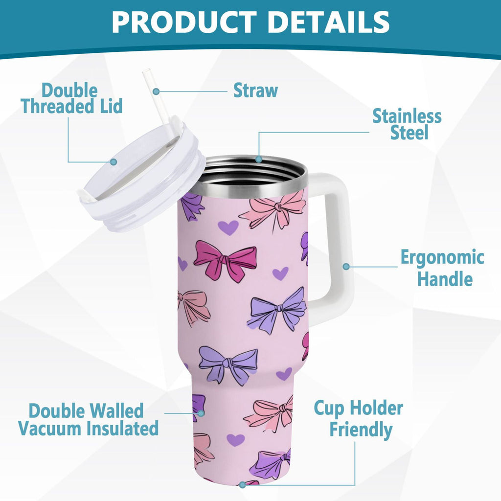 30 oz Insulated Stainless Steel Tumbler Double Wall Stainless Steel Tumbler with 2-Way Drinking Bows and Heart Pattern C422C