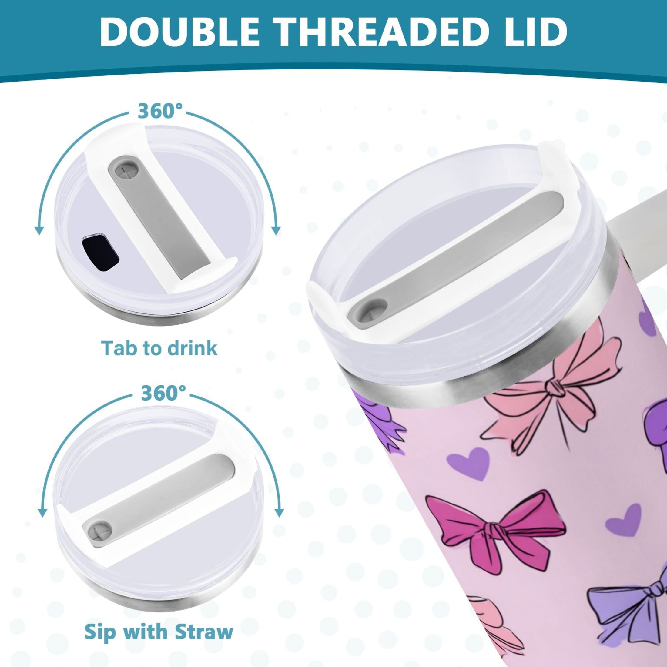 30 oz Insulated Stainless Steel Tumbler Double Wall Stainless Steel Tumbler with 2-Way Drinking Bows and Heart Pattern C422C