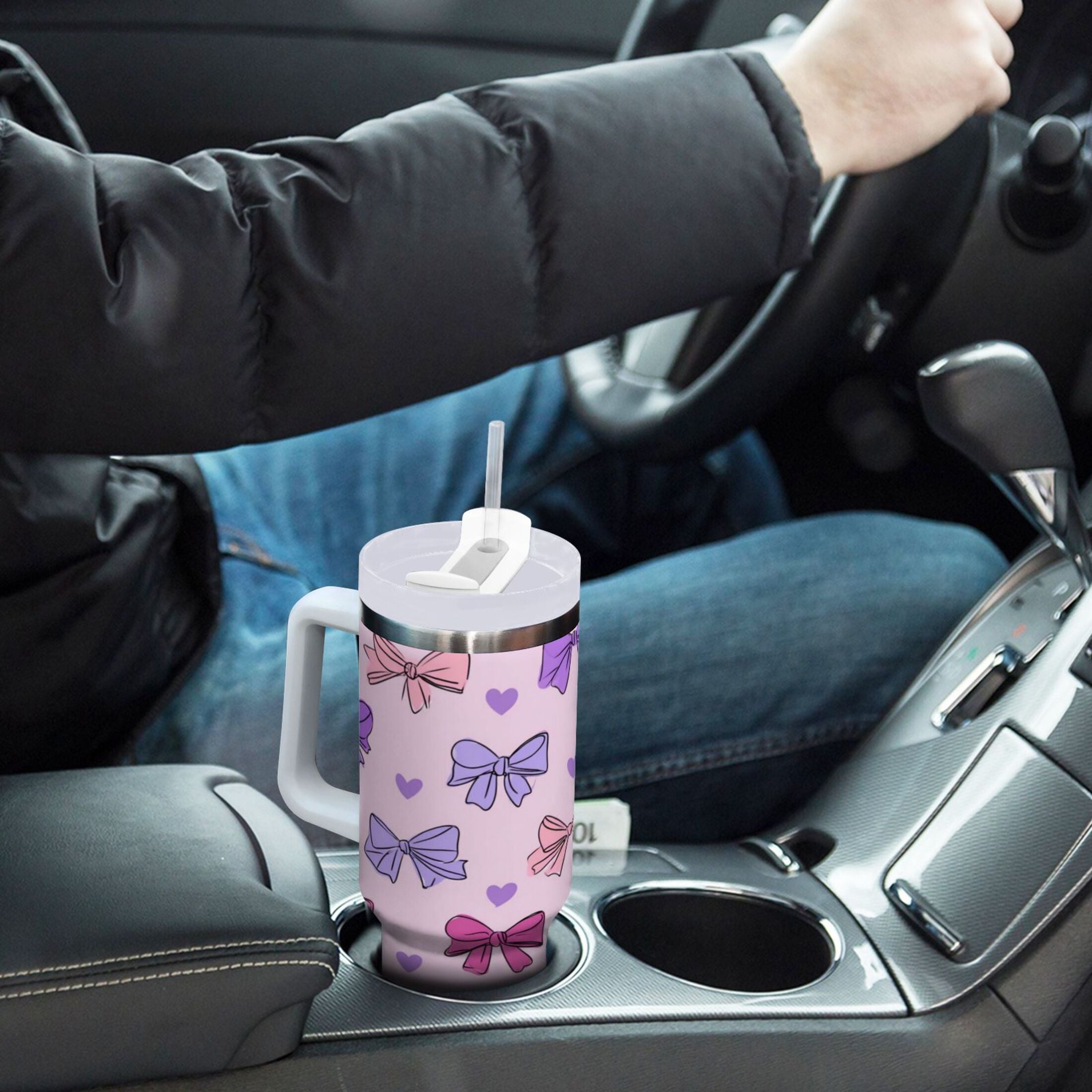 30 oz Insulated Stainless Steel Tumbler Double Wall Stainless Steel Tumbler with 2-Way Drinking Bows and Heart Pattern C422C