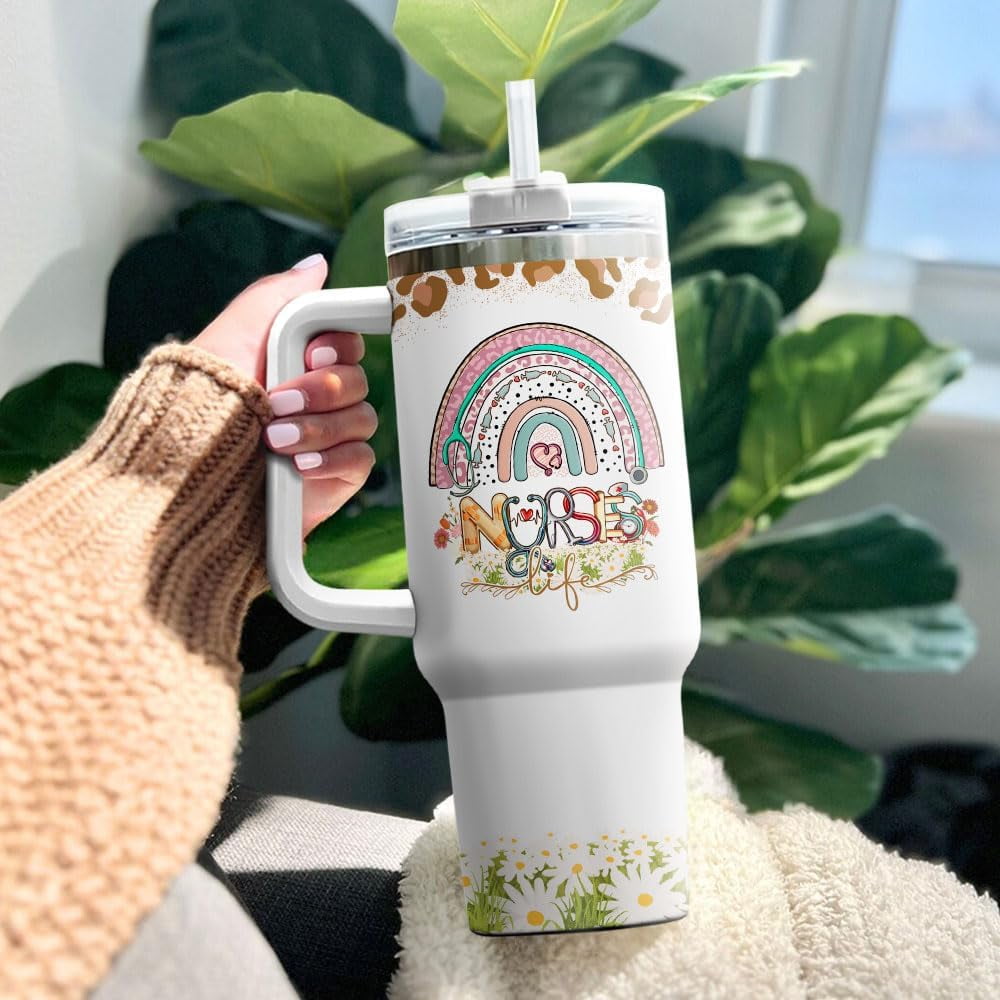 Tumbler 40 Oz With Handle Lid And Straw, Nurse Gifts, Black Camo White Engraved Print Travel Nurses Tumblers Handle Funny Cups Nursing For, Great Nurse Rainbow Daisy Flower C683K