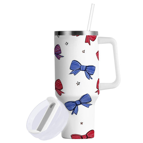 30 oz Insulated Stainless Steel Tumbler Double Wall Stainless Steel Tumbler with 2-Way Drinking Red and Blue Stripe Bows C656Q