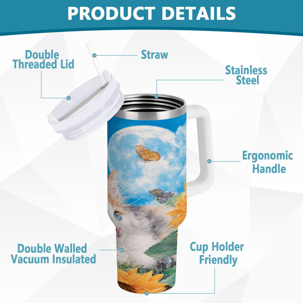 40 oz Insulated Stainless Steel Tumbler Double Wall Stainless Steel Tumbler with 2-Way Drinking Playful Cat Lying Sunflowers C549F