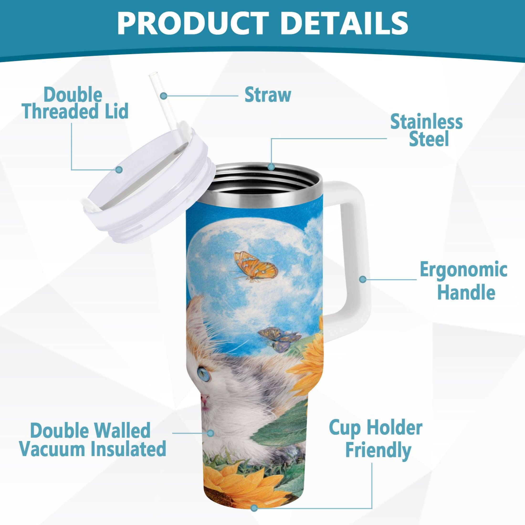 40 oz Insulated Stainless Steel Tumbler Double Wall Stainless Steel Tumbler with 2-Way Drinking Playful Cat Lying Sunflowers C549F
