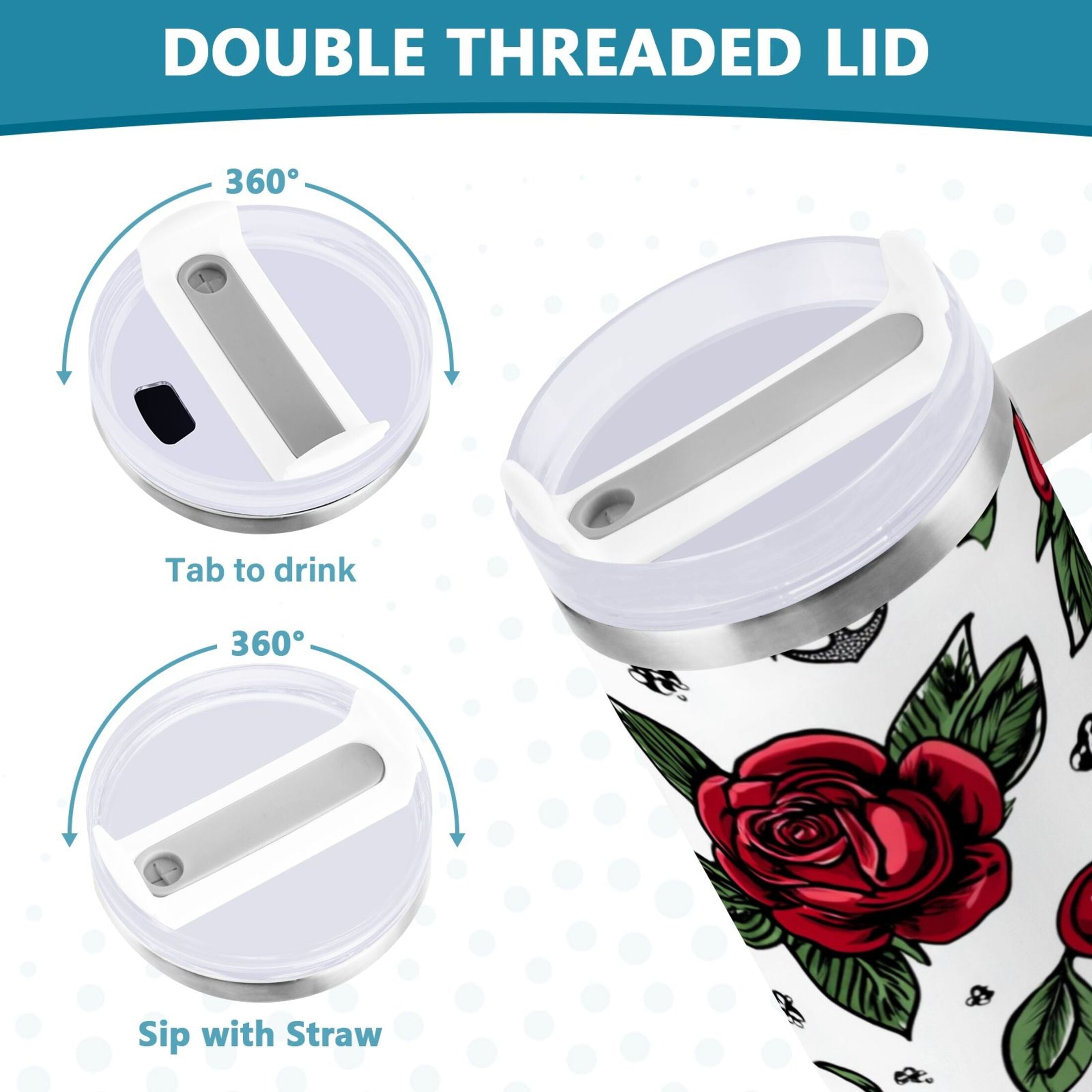 40 oz Insulated Stainless Steel Tumbler Double Wall Stainless Steel Tumbler with 2-Way Drinking Red Roses and Cherries C599Z