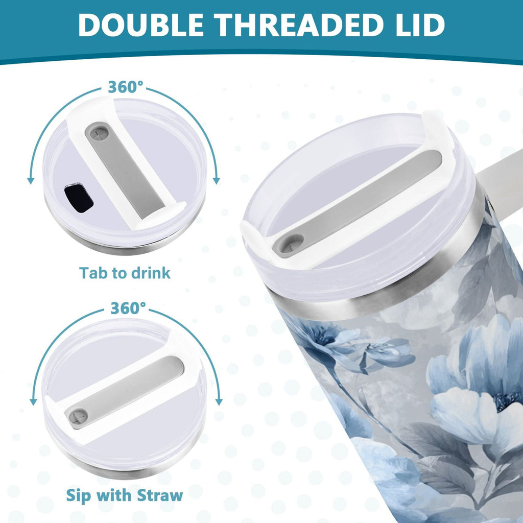 40 oz Insulated Stainless Steel Tumbler Double Wall Stainless Steel Tumbler with 2-Way Drinking White Floral Pattern C584J
