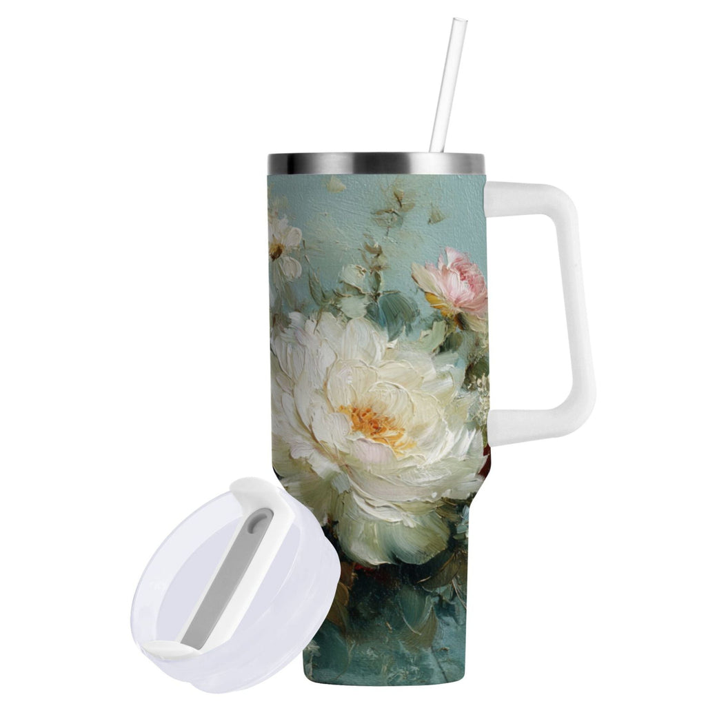 40 oz Insulated Stainless Steel Tumbler Double Wall Stainless Steel Tumbler with 2-Way Drinking Vintage Peonies and Daisies C677V