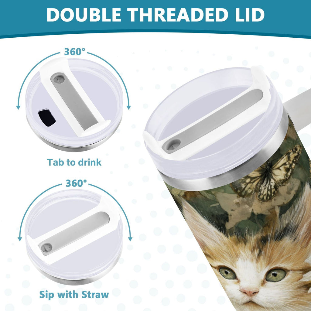 30 oz Insulated Stainless Steel Tumbler Double Wall Stainless Steel Tumbler with 2-Way Drinking Adorable Cats and Daisies C602M
