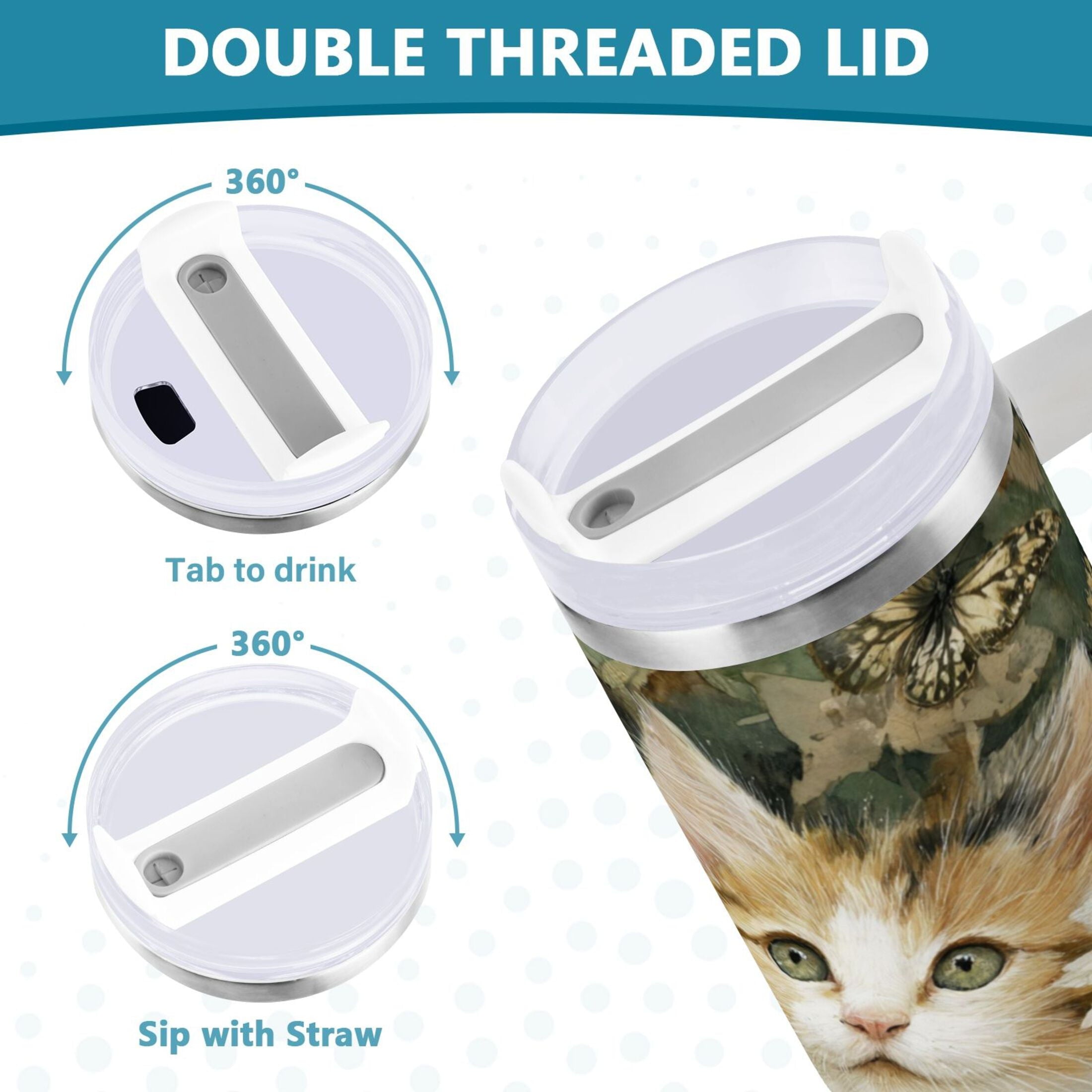 30 oz Insulated Stainless Steel Tumbler Double Wall Stainless Steel Tumbler with 2-Way Drinking Adorable Cats and Daisies C602M