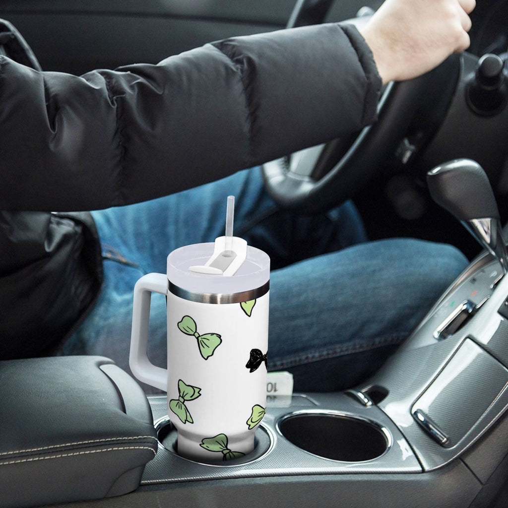 40 oz Insulated Stainless Steel Tumbler Double Wall Stainless Steel Tumbler with 2-Way Drinking Green and Black Bows C553N