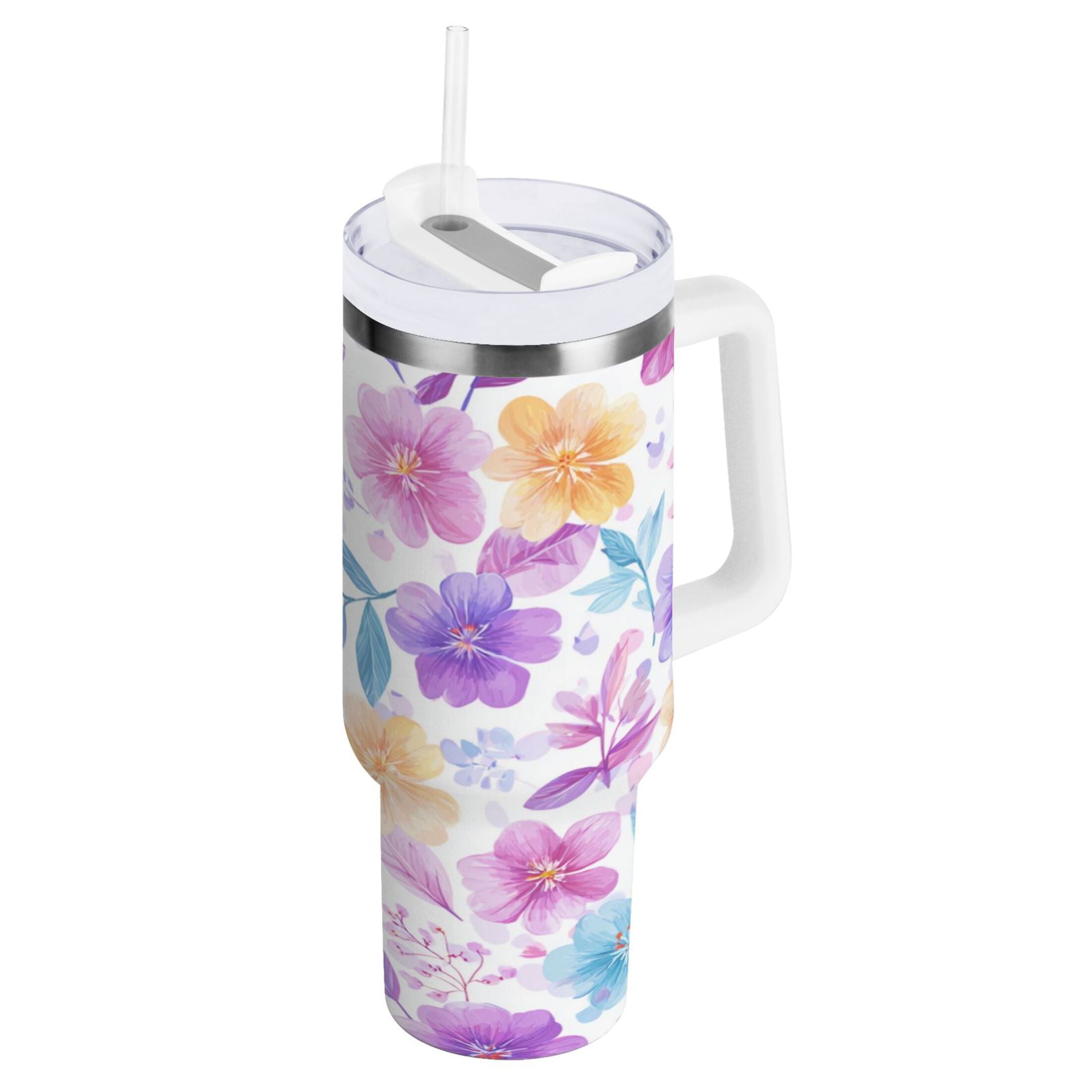 30 oz Insulated Stainless Steel Tumbler Double Wall Stainless Steel Tumbler with 2-Way Drinking Pink and Purple Flowers C424L