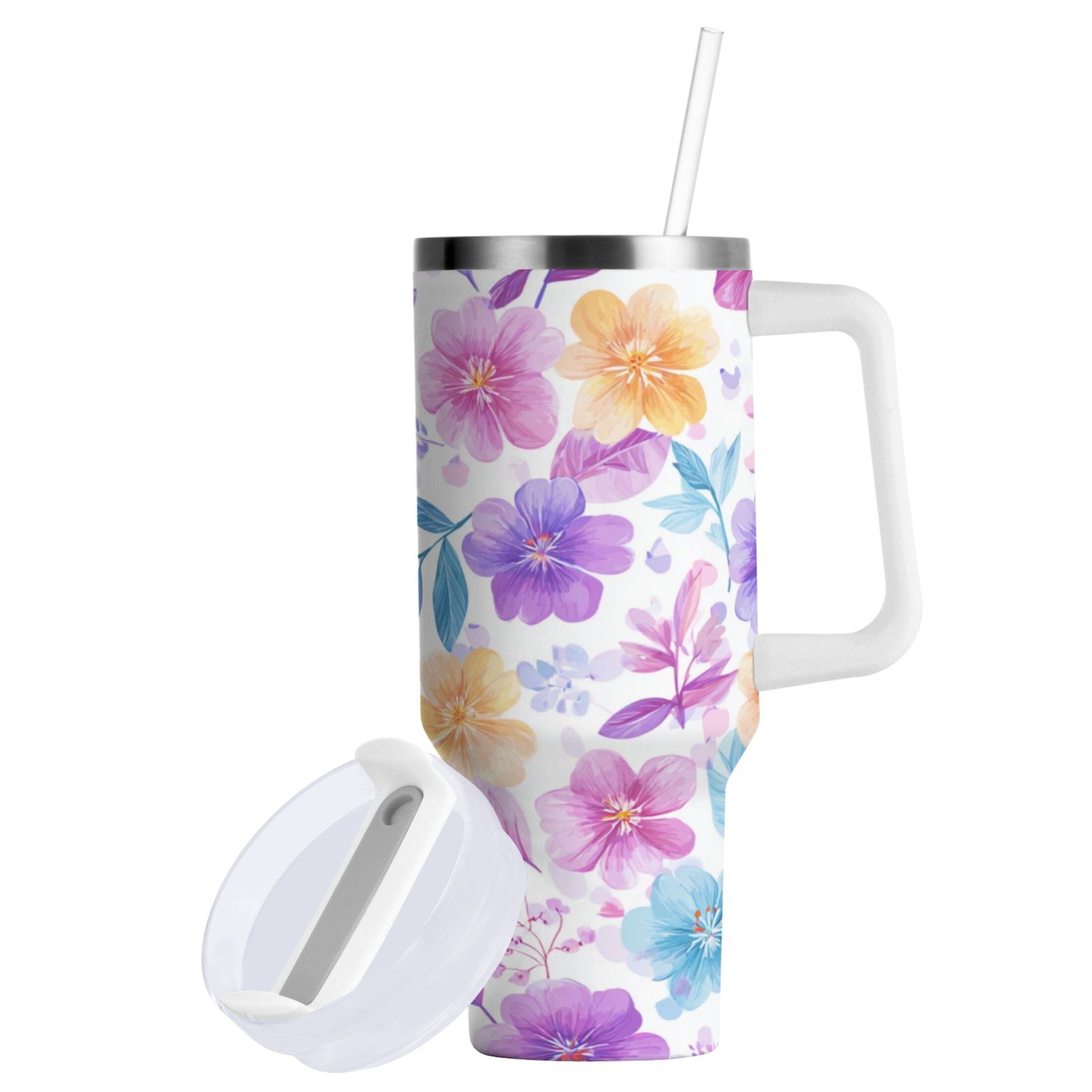 30 oz Insulated Stainless Steel Tumbler Double Wall Stainless Steel Tumbler with 2-Way Drinking Pink and Purple Flowers C424L