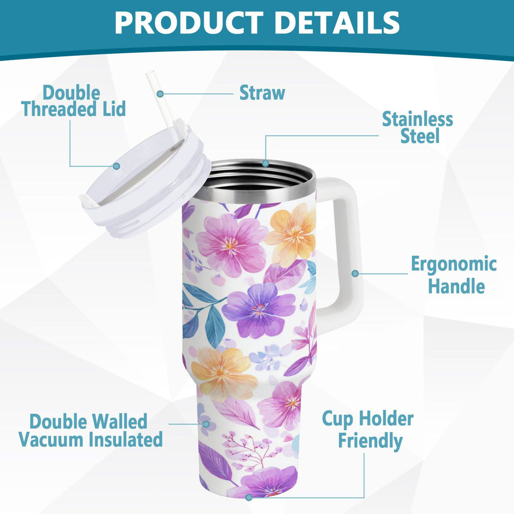 30 oz Insulated Stainless Steel Tumbler Double Wall Stainless Steel Tumbler with 2-Way Drinking Pink and Purple Flowers C424L