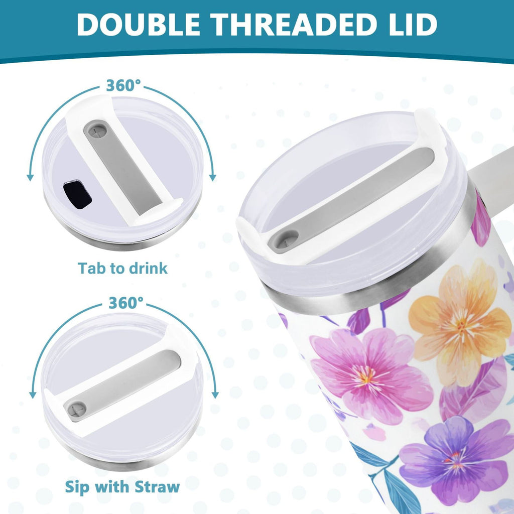 30 oz Insulated Stainless Steel Tumbler Double Wall Stainless Steel Tumbler with 2-Way Drinking Pink and Purple Flowers C424L