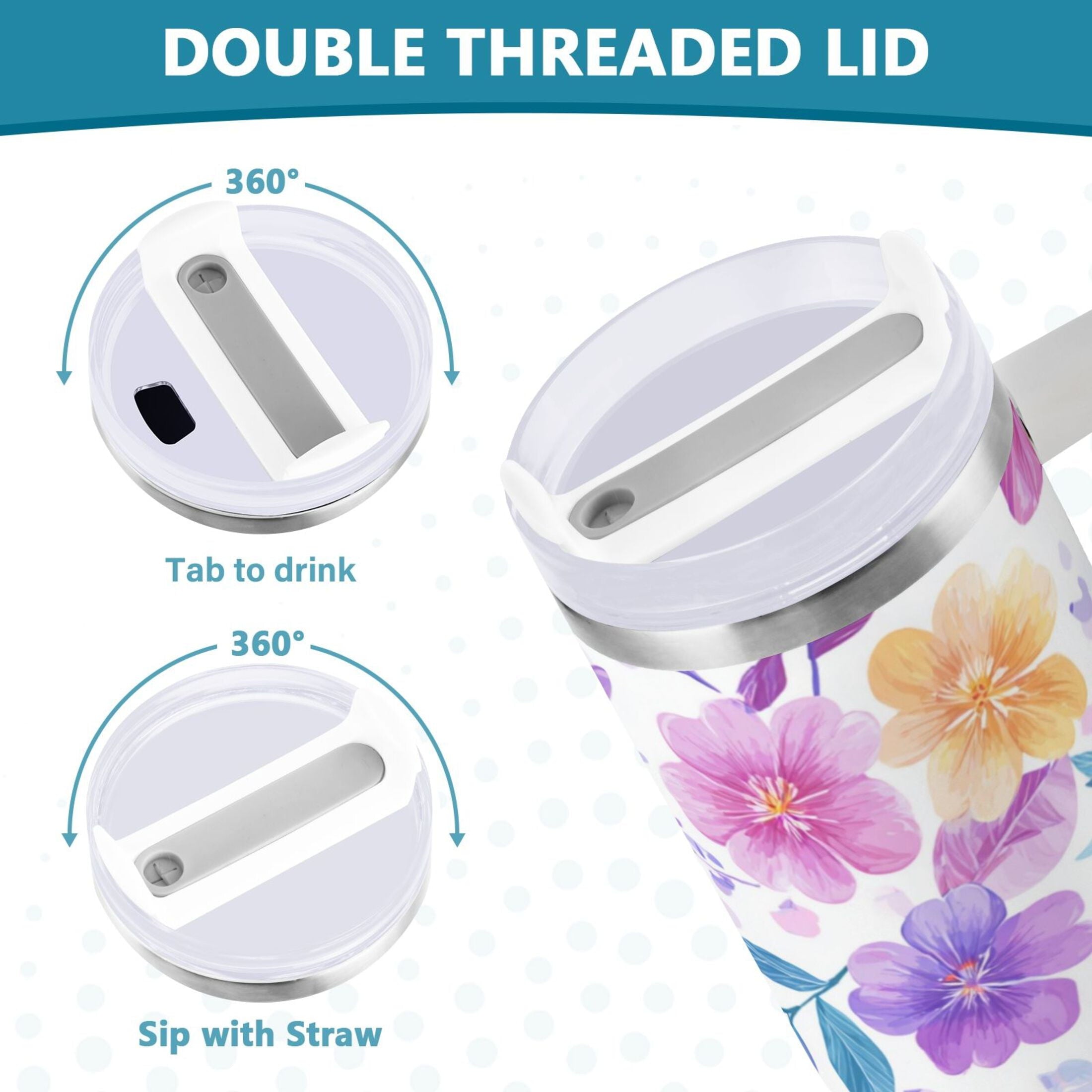 30 oz Insulated Stainless Steel Tumbler Double Wall Stainless Steel Tumbler with 2-Way Drinking Pink and Purple Flowers C424L