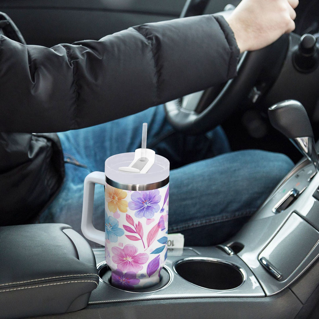 30 oz Insulated Stainless Steel Tumbler Double Wall Stainless Steel Tumbler with 2-Way Drinking Pink and Purple Flowers C424L