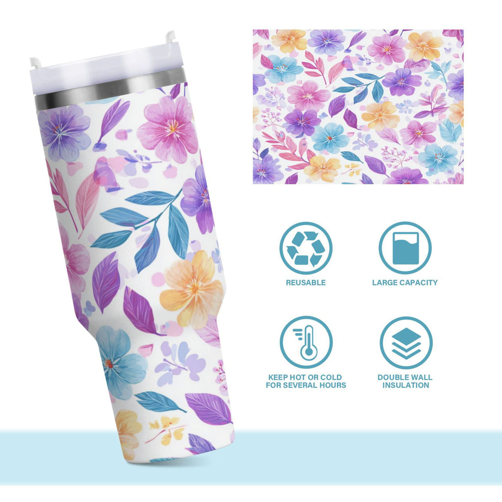 30 oz Insulated Stainless Steel Tumbler Double Wall Stainless Steel Tumbler with 2-Way Drinking Pink and Purple Flowers C424L