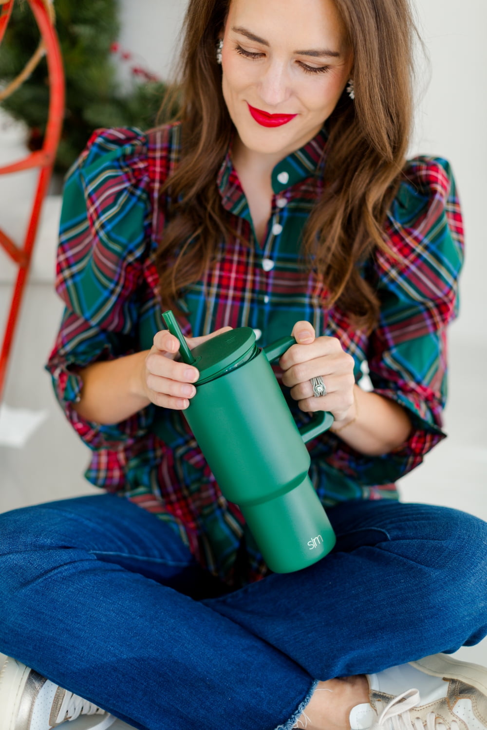 Simple Modern 30 fl oz Insulated Stainless Steel Trek Tumbler with Straw Lid | Seaglass Sage and Cream Checkmate C690C