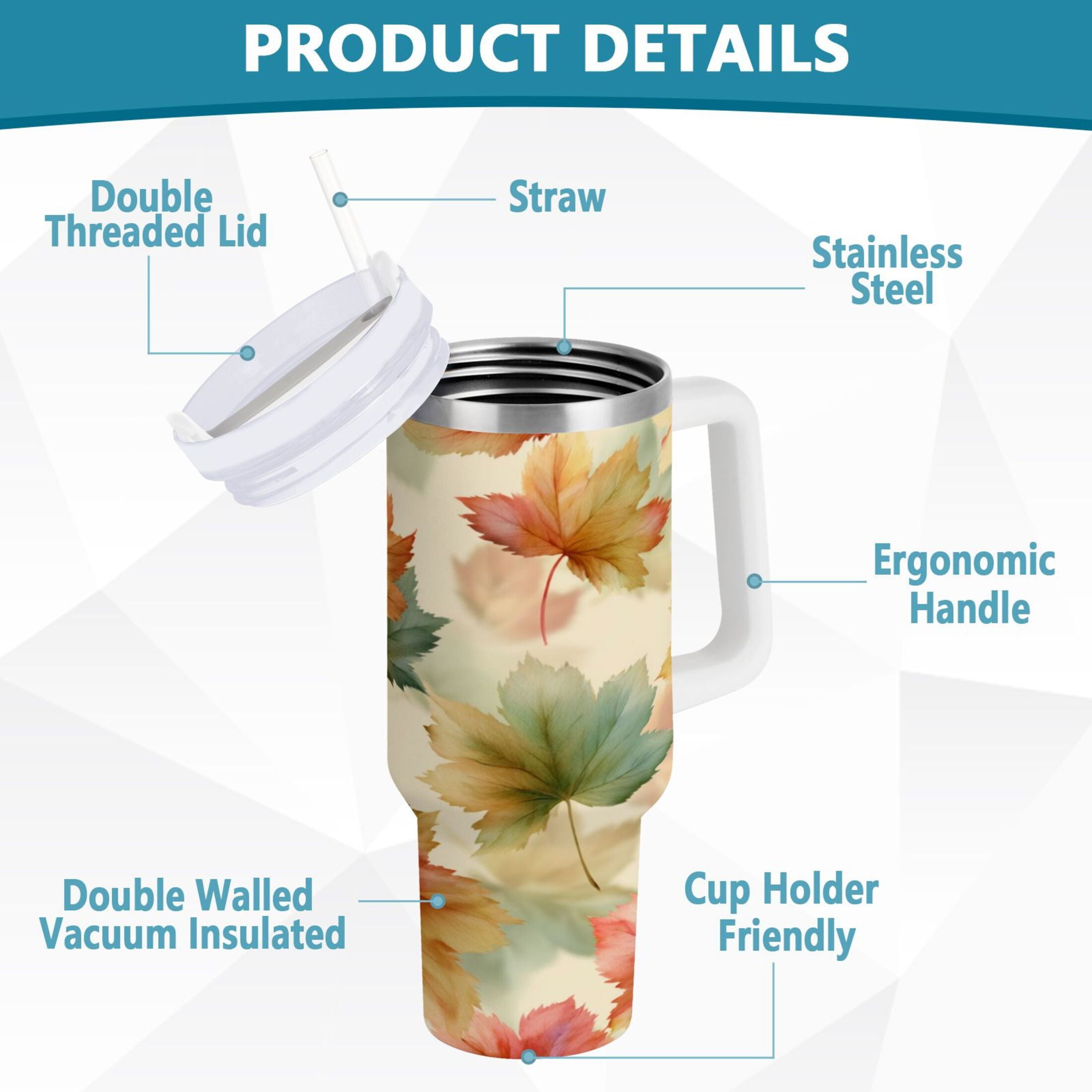 40 oz Insulated Stainless Steel Tumbler Double Wall Stainless Steel Tumbler with 2-Way Drinking Watercolor Maple Leaves Pattern C513H
