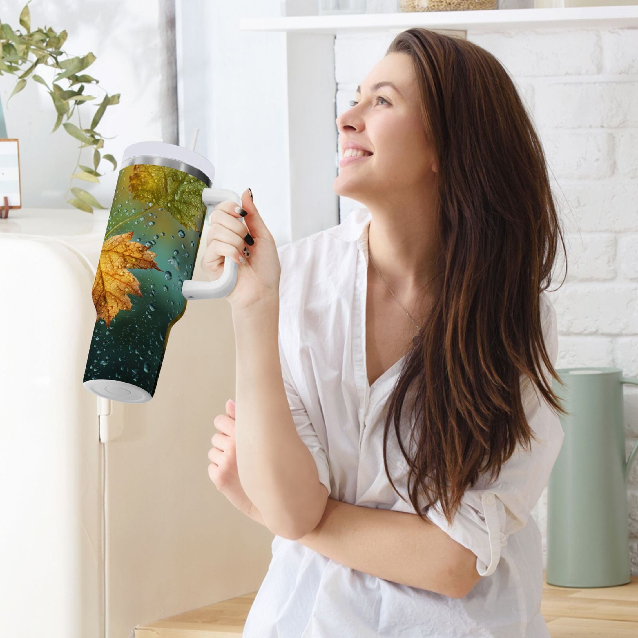 30 oz Insulated Stainless Steel Tumbler Double Wall Stainless Steel Tumbler with 2-Way Drinking Leaves with Water Droplets C500K