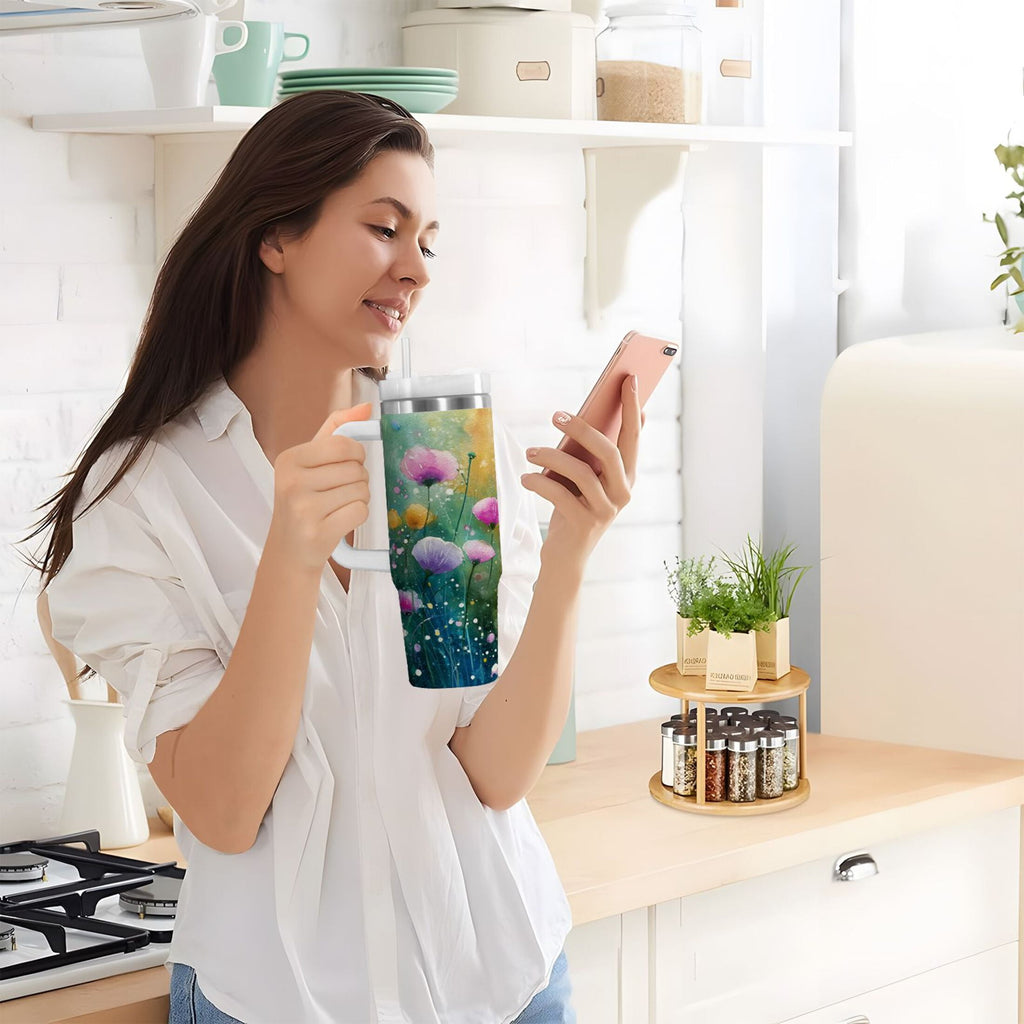 30 oz Insulated Stainless Steel Tumbler Double Wall Stainless Steel Tumbler with 2-Way Drinking Watercolor Wildflowers C563F