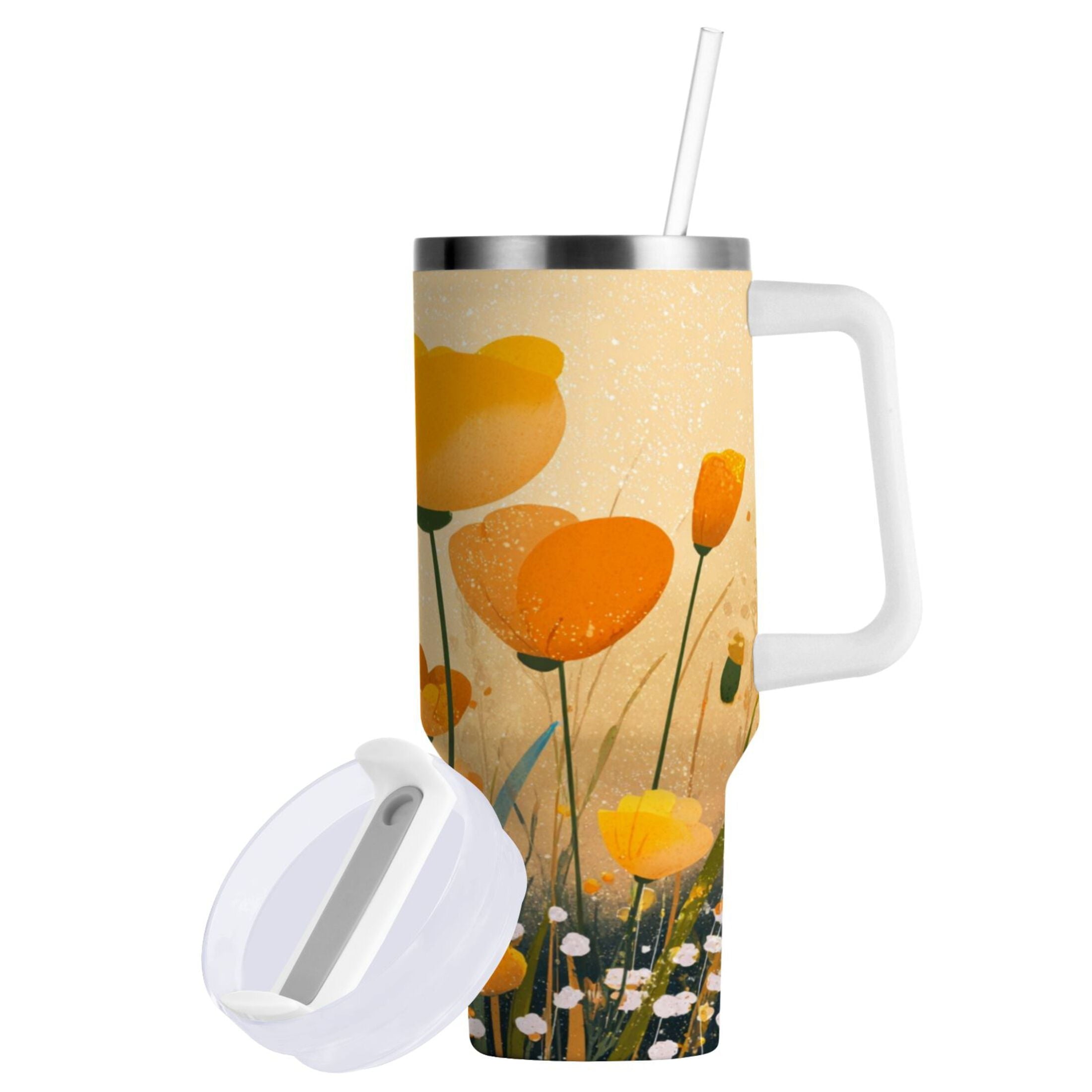 30 oz Insulated Stainless Steel Tumbler Double Wall Stainless Steel Tumbler with 2-Way Drinking Yellow Flowers on The Grass C594J